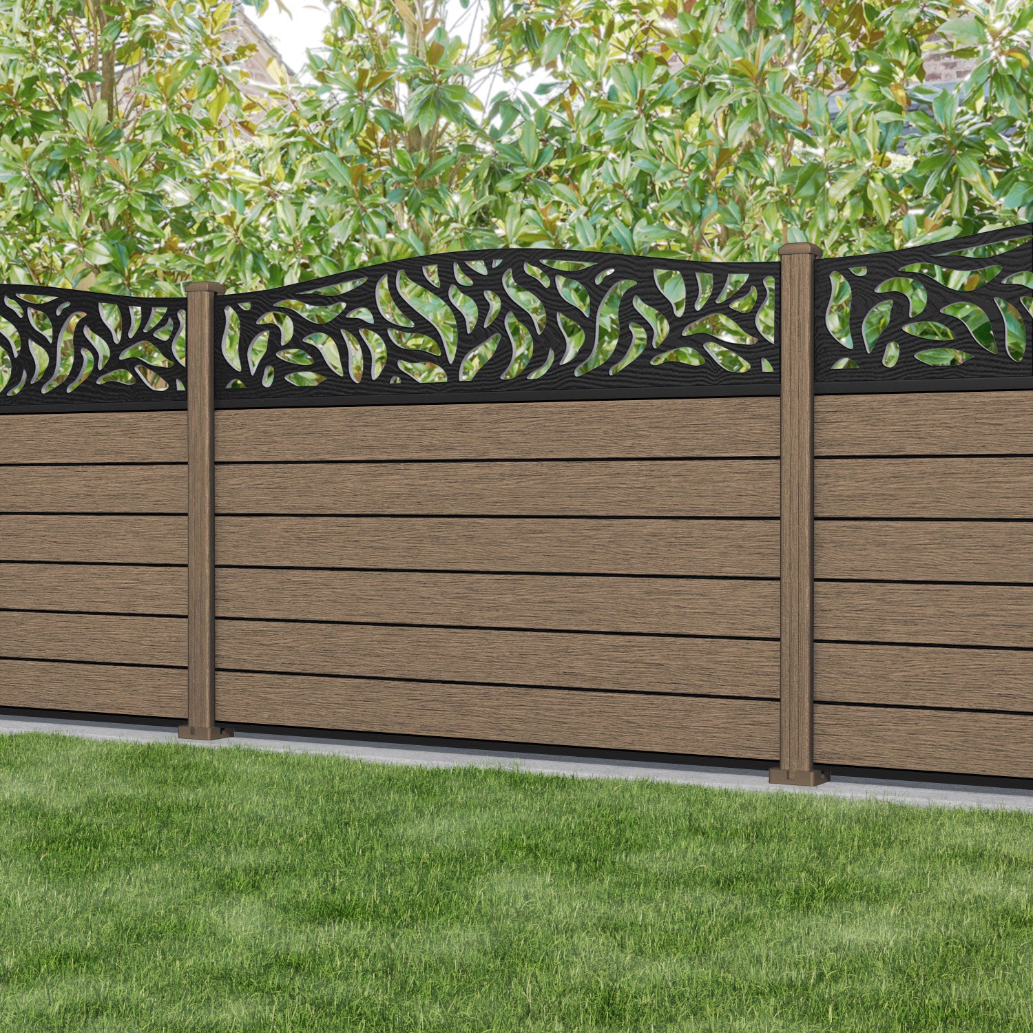 Fusion Plume Curved Top Fence Panel - Teak - with our composite posts
