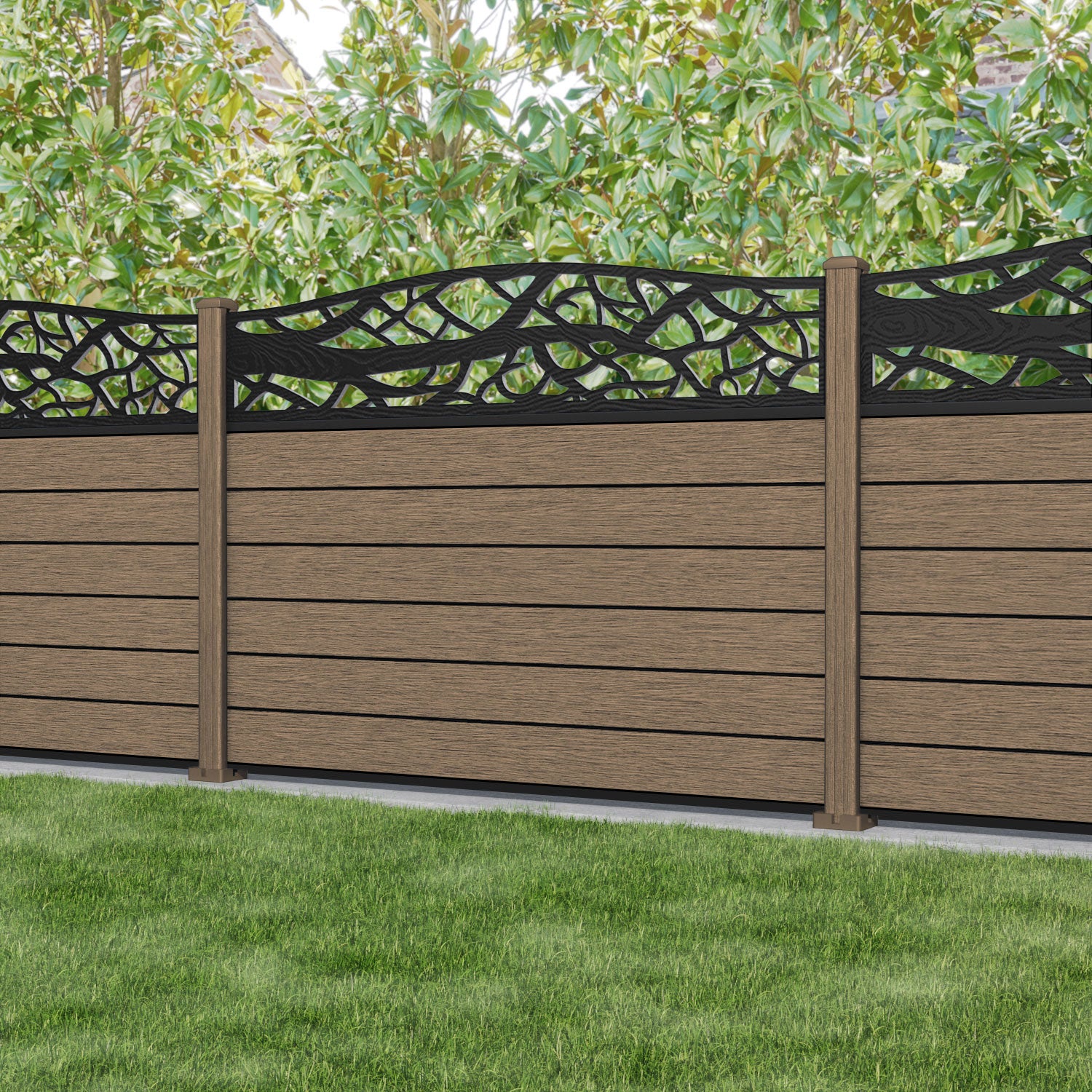 Fusion Twilight Curved Top Fence Panel - Teak - with our composite posts