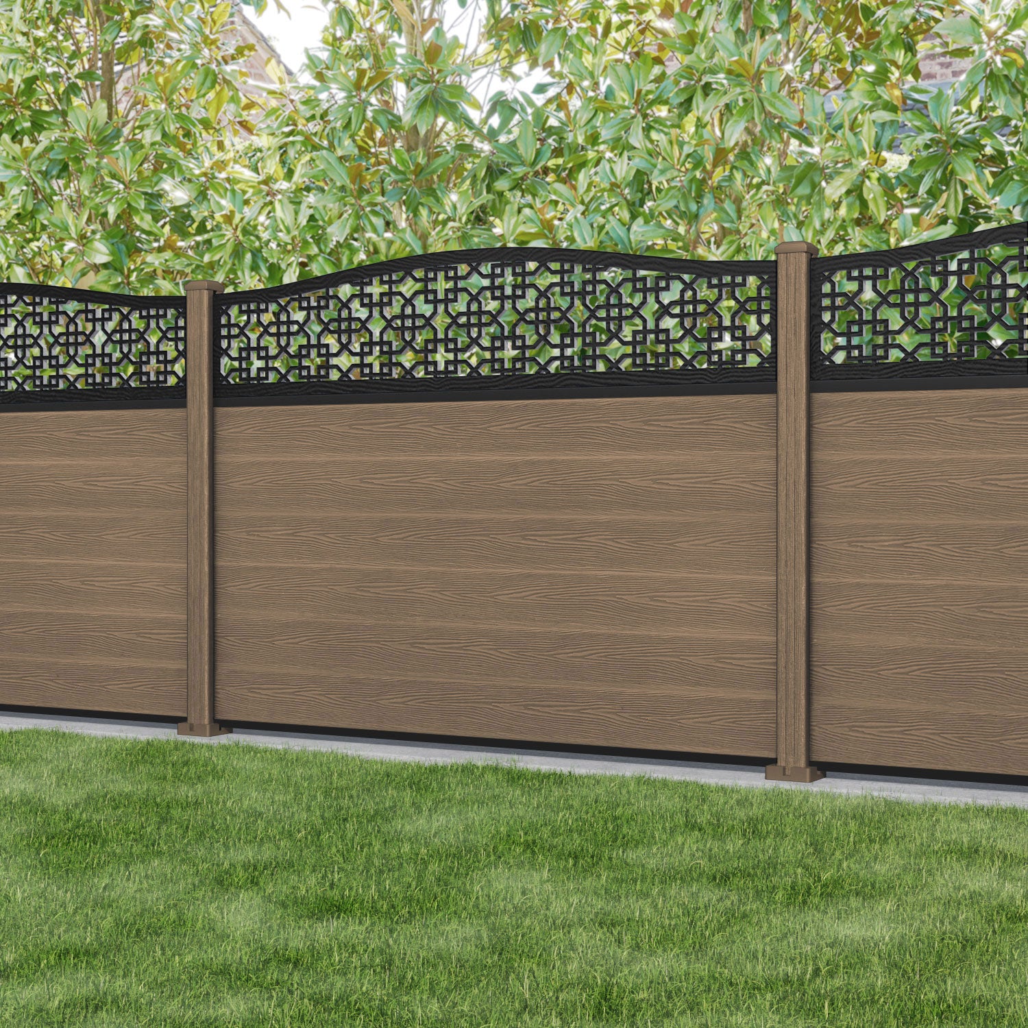 Fusion Zaria Curved Top Fence Panel - Teak - with our composite posts