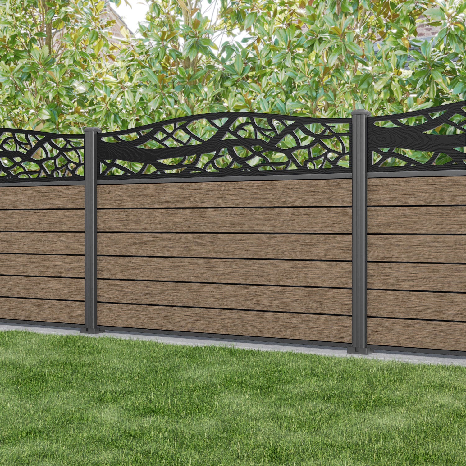 Fusion Twilight Curved Top Fence Panel - Teak - with our aluminium posts