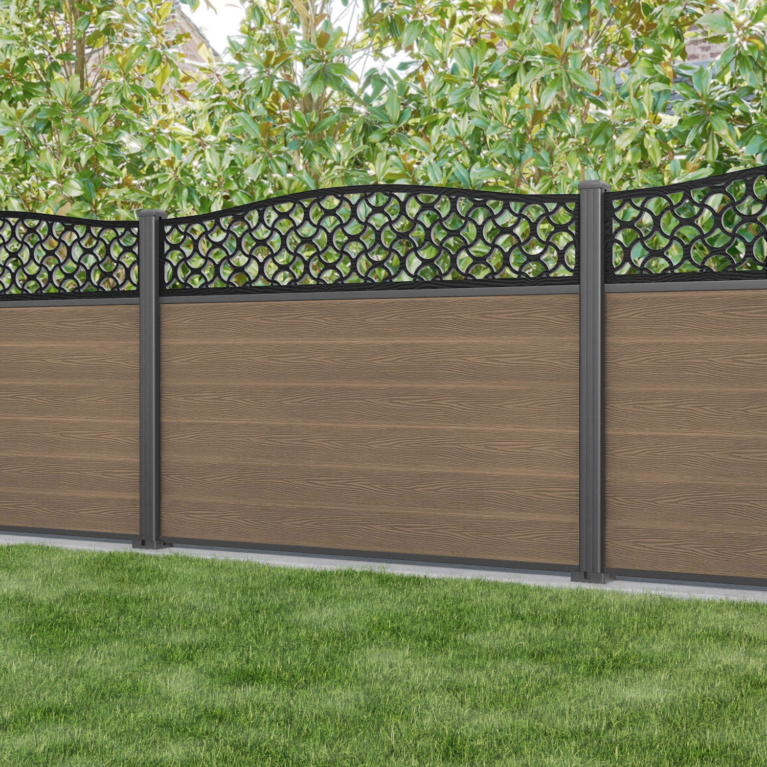Fusion Vida Curved Top Fence Panel - Teak - with our aluminium posts