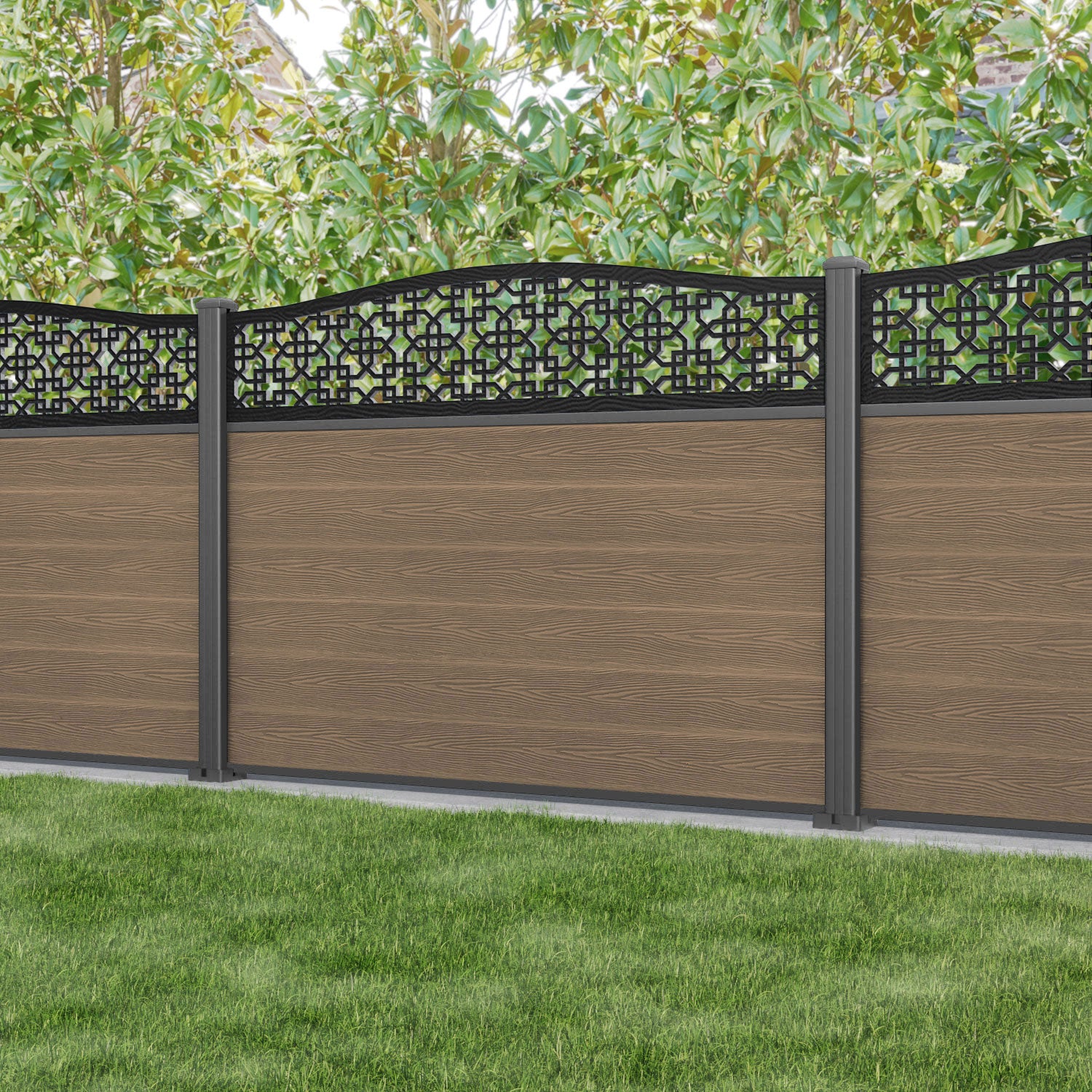 Fusion Zaria Curved Top Fence Panel - Teak - with our aluminium posts