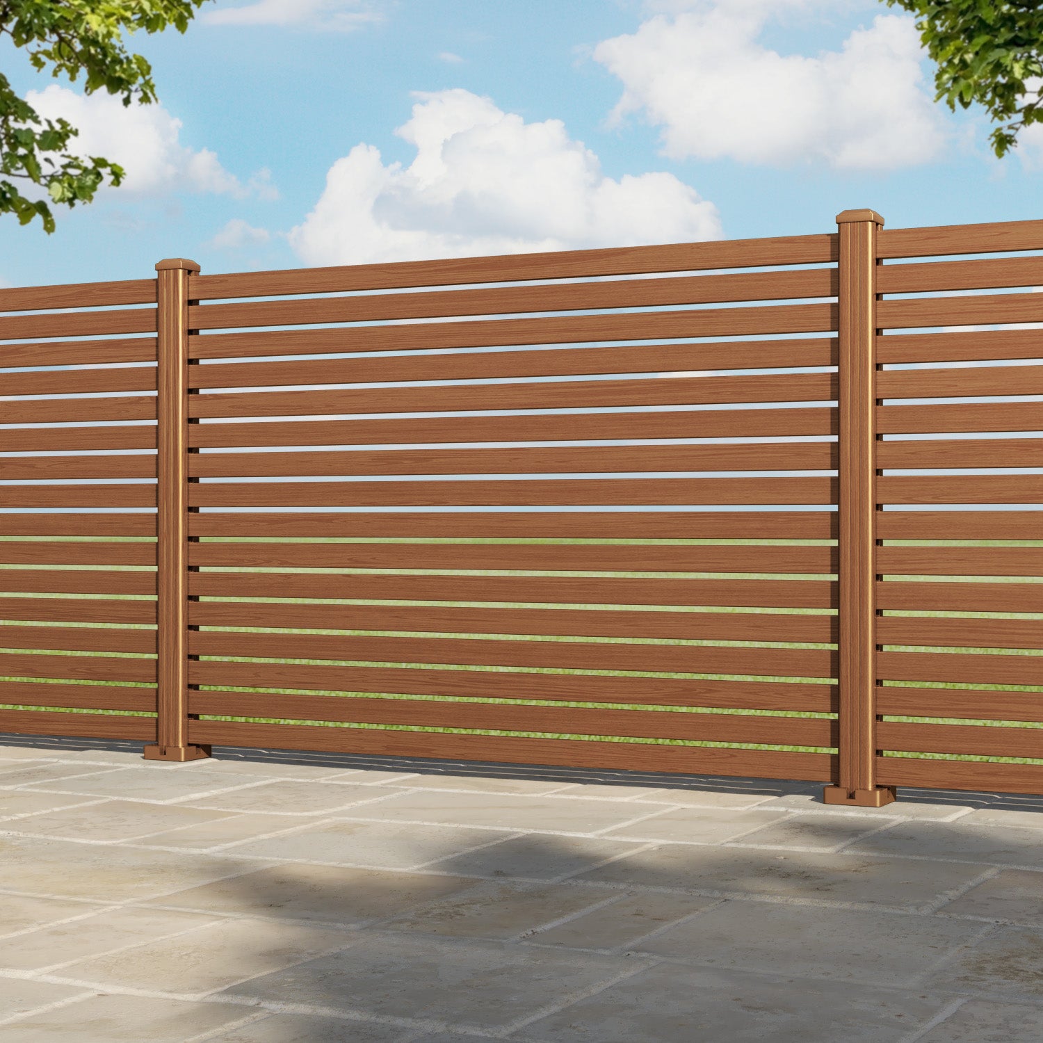 Aria Aluminium Fence Panel - Teak - with our aluminium posts