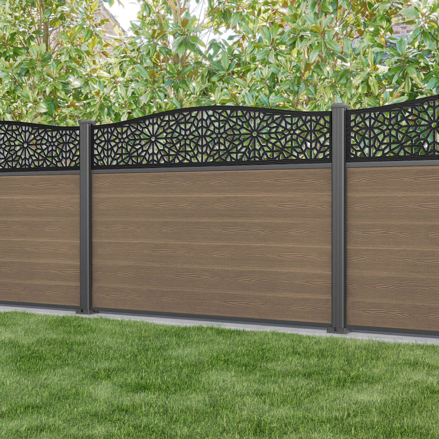 Classic Alnara Curved Top Fence Panel - Teak - with our aluminium posts