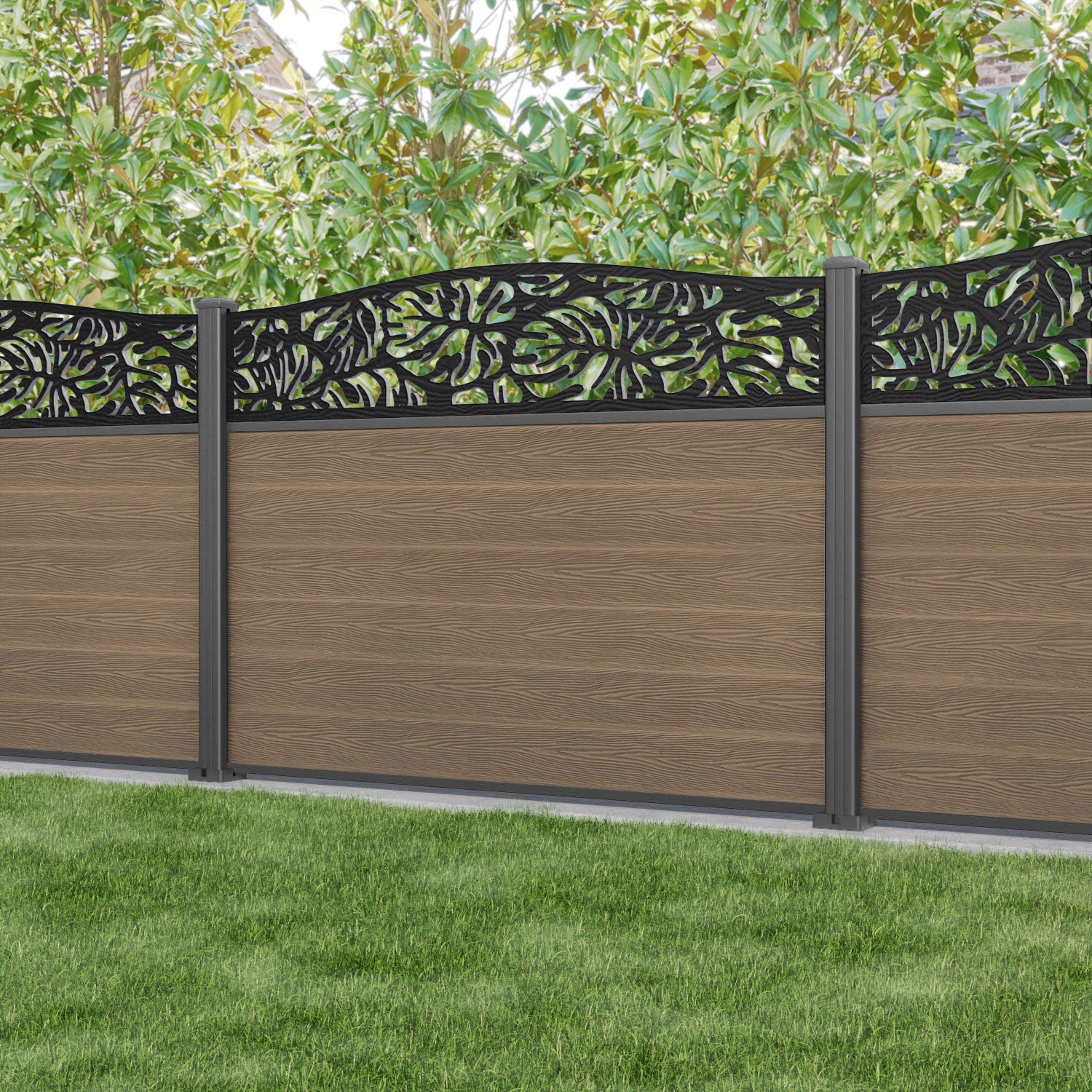 Classic Botanic Curved Top Fence Panel - Teak - with our aluminium posts