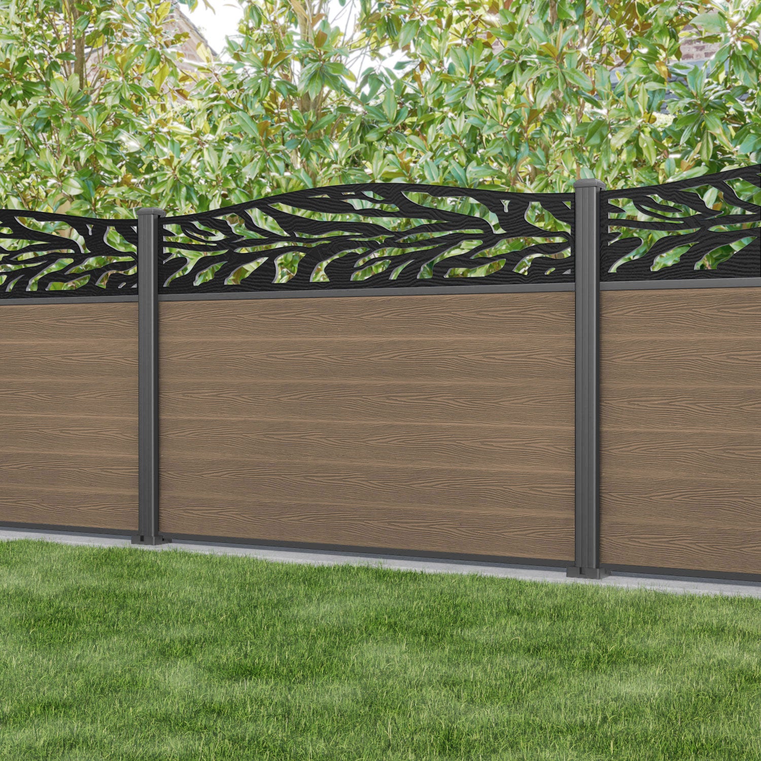 Classic Malawi Curved Top Fence Panel - Teak - with our aluminium posts