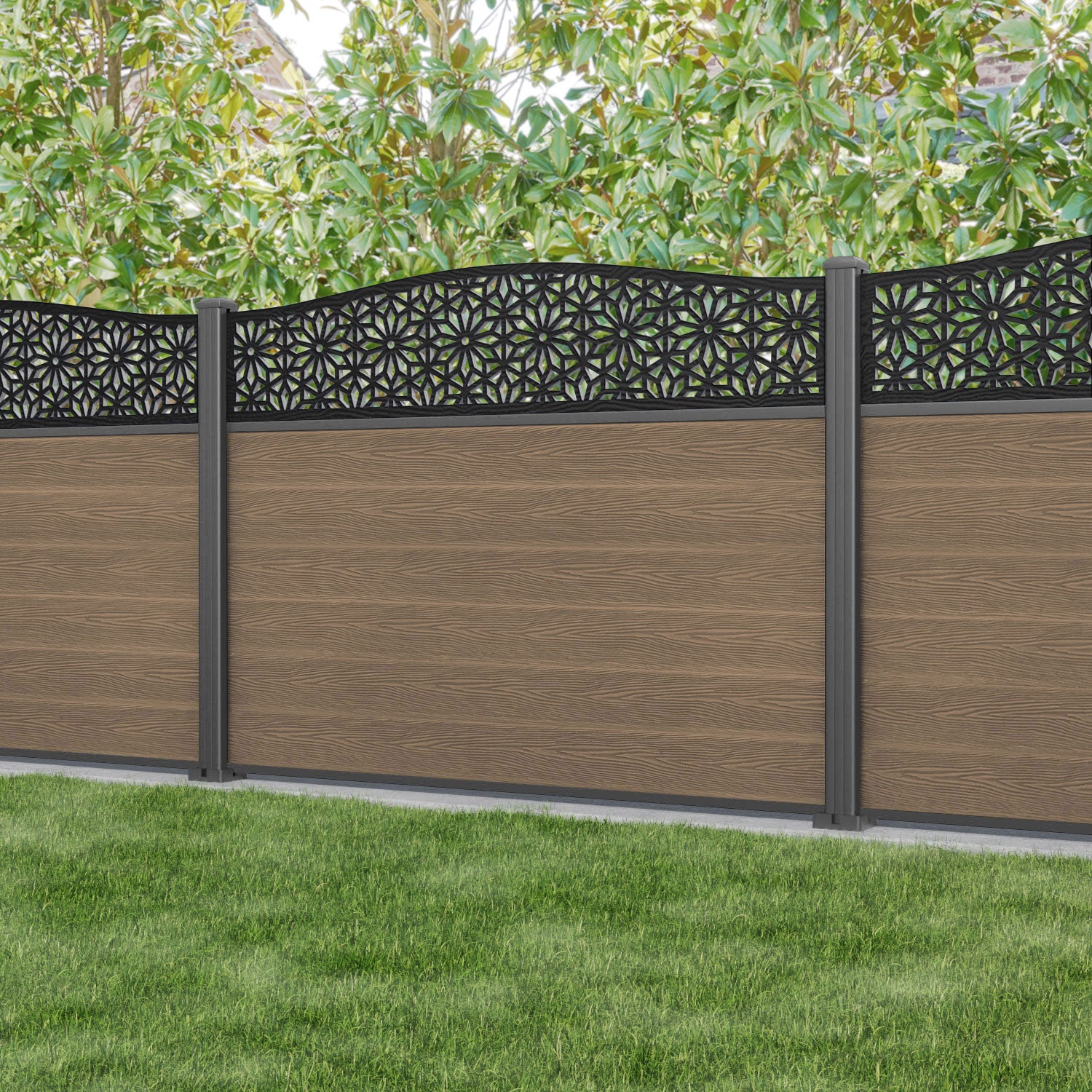 Classic Narwa Curved Top Fence Panel - Teak - with our aluminium posts