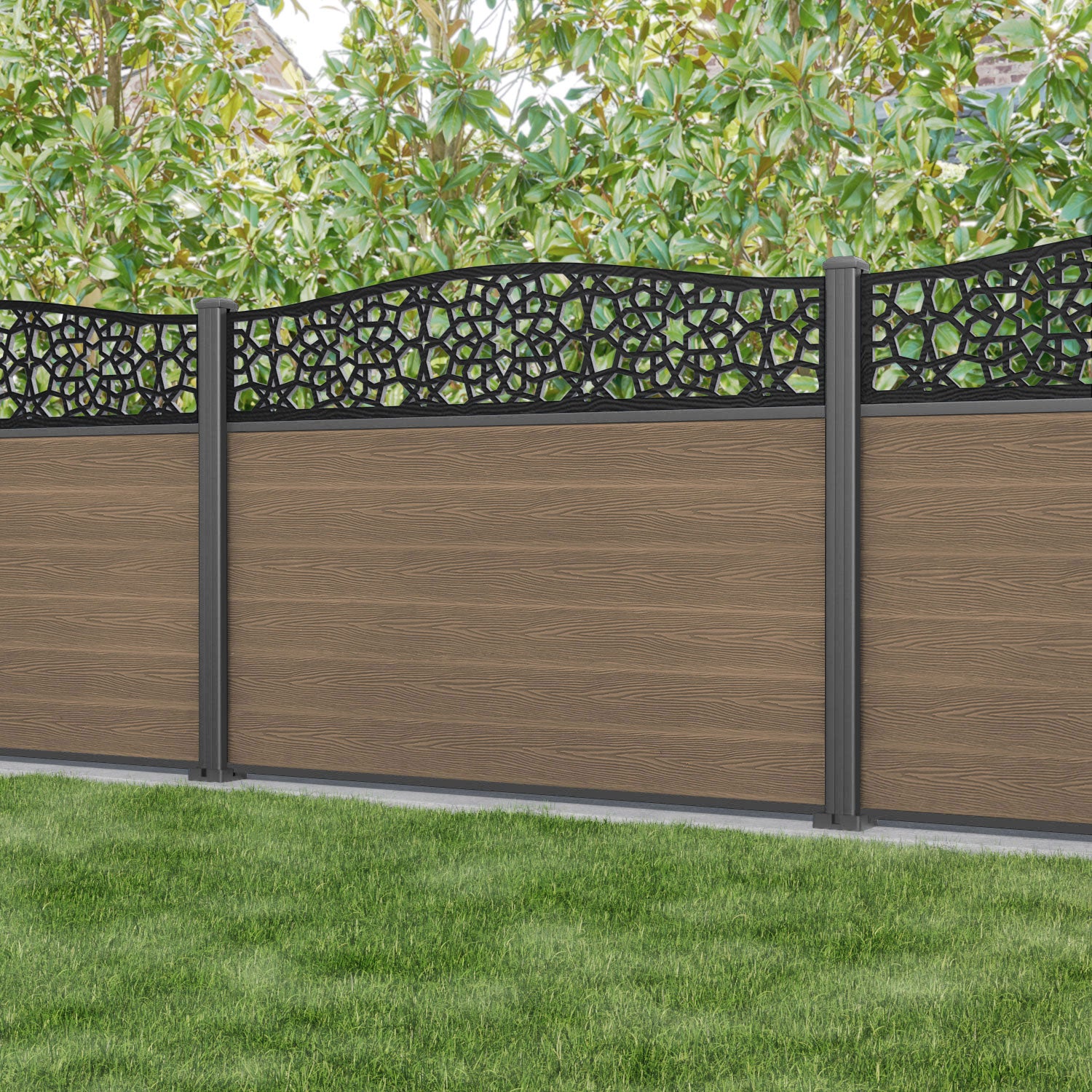 Classic Nazira Curved Top Fence Panel - Teak - with our aluminium posts