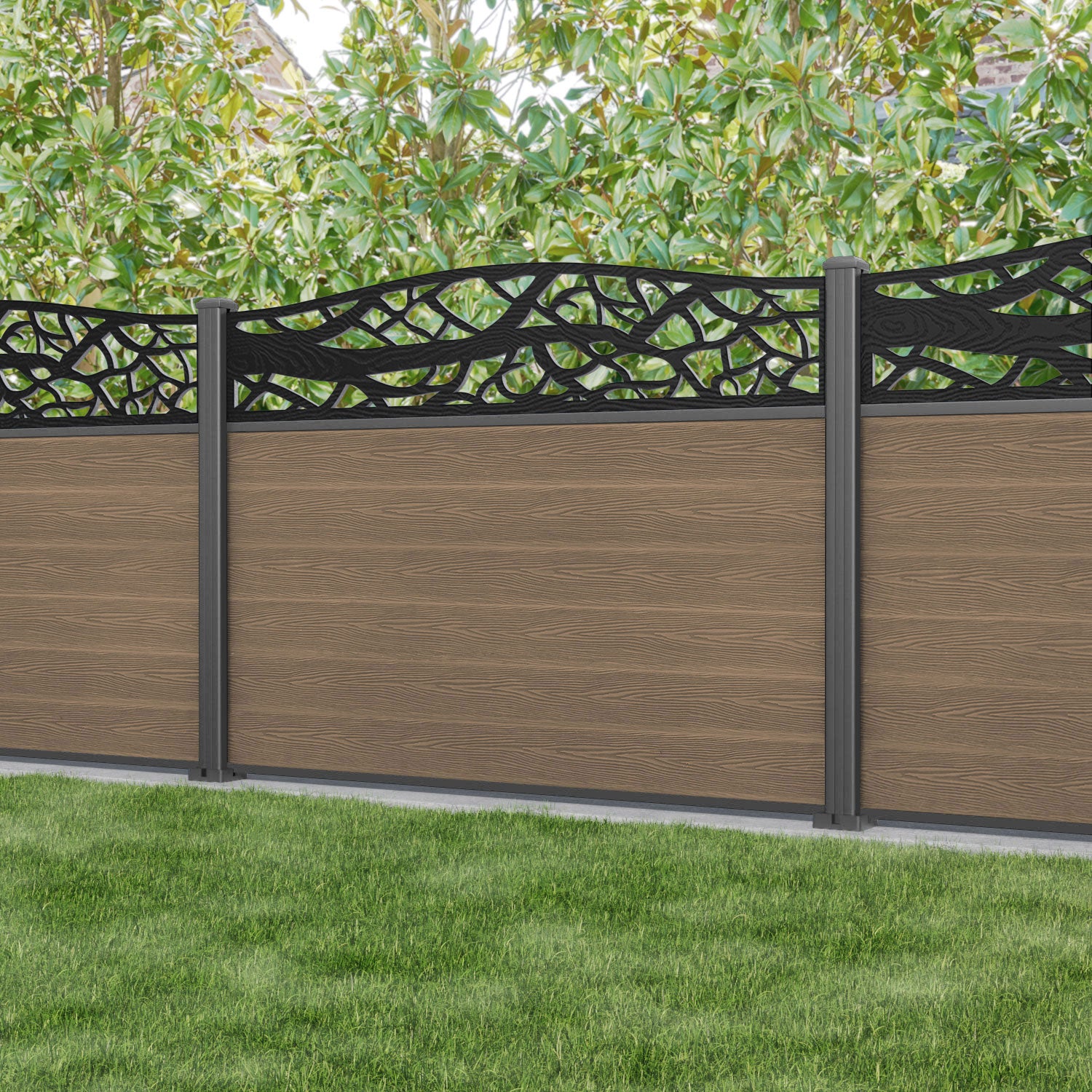 Classic Twilight Curved Top Fence Panel - Teak - with our aluminium posts