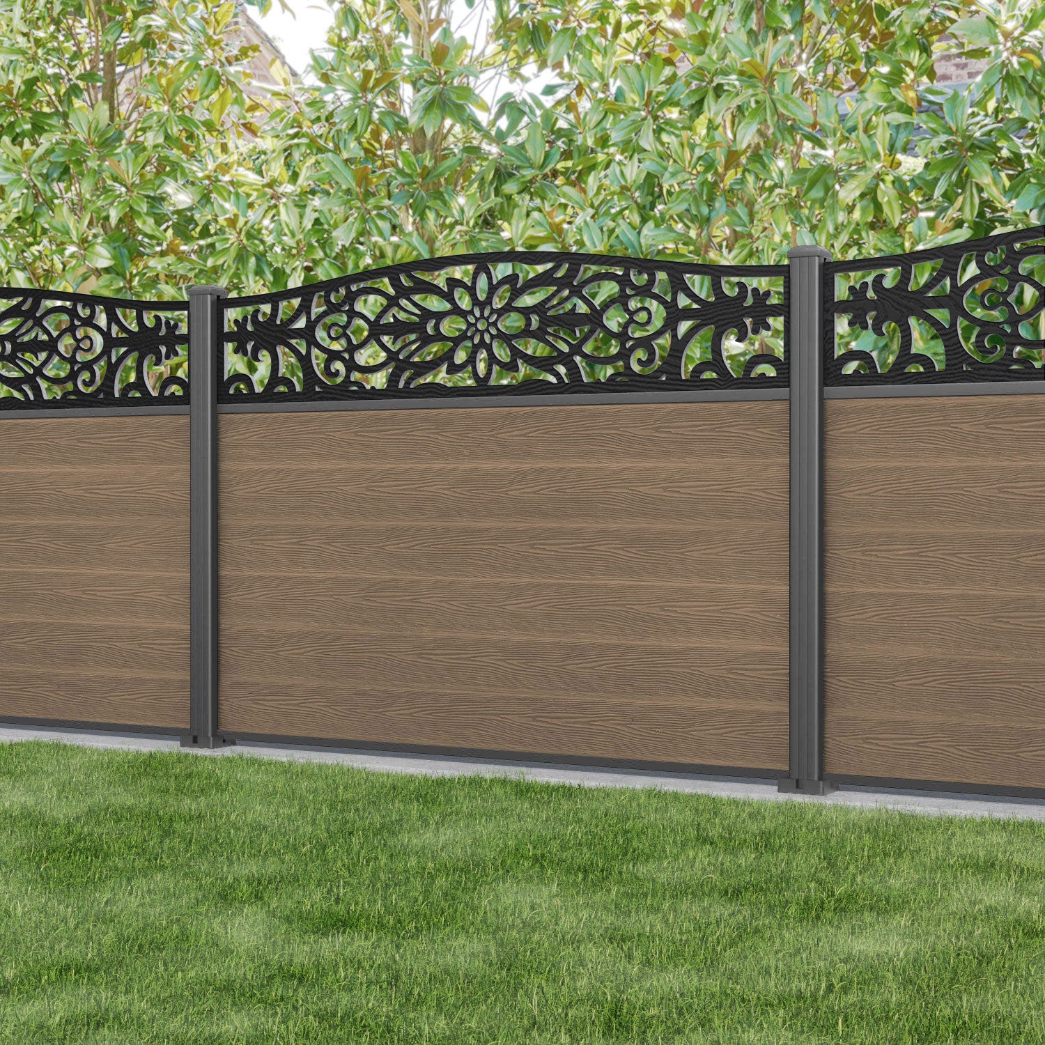 Classic Windsor Curved Top Fence Panel - Teak - with our aluminium posts