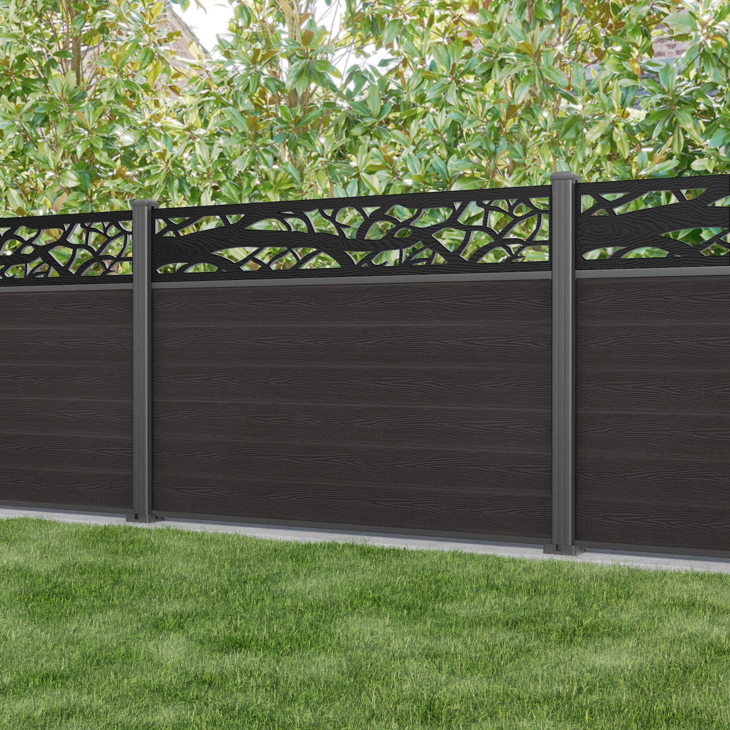 Classic Twilight Fence Panel - Dark Oak - with our aluminium posts