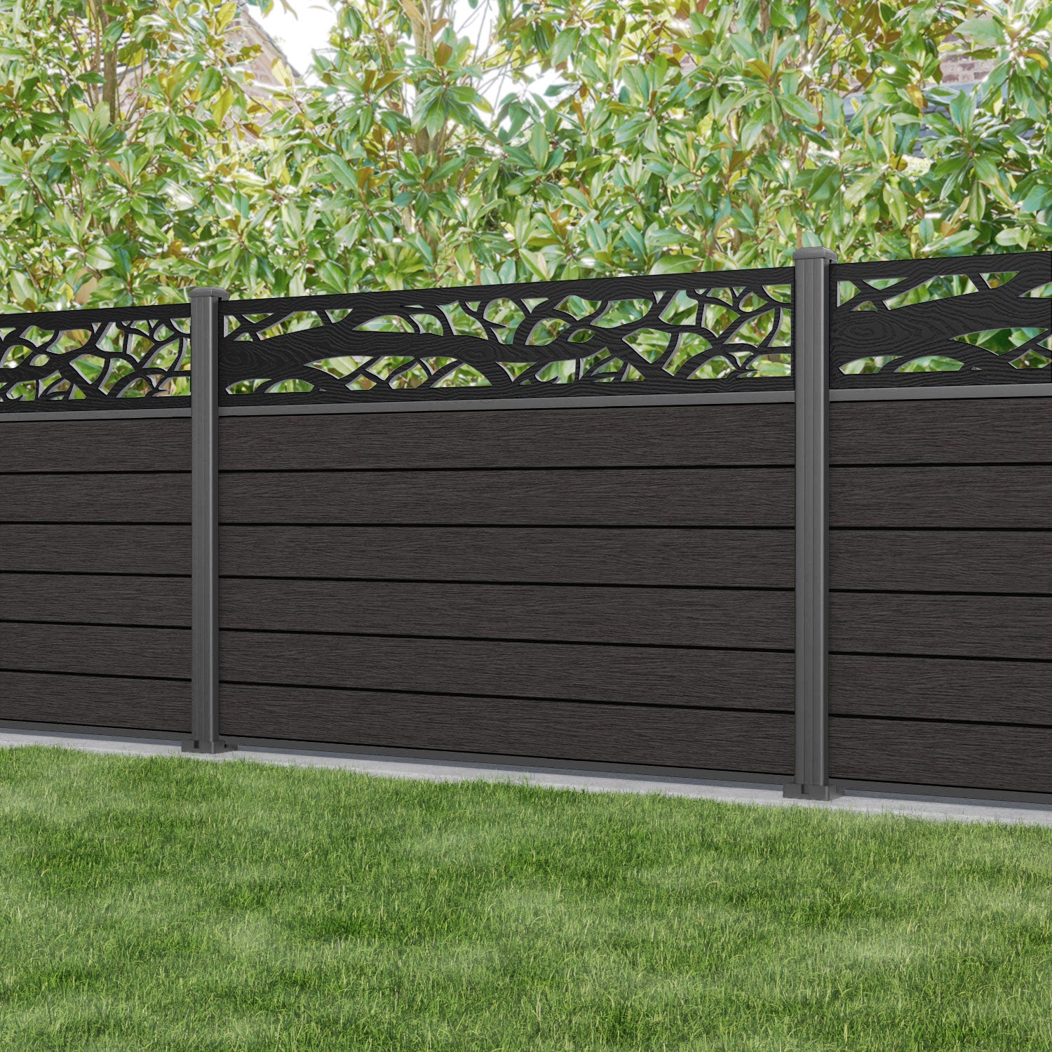 Fusion Twilight Fence Panel - Dark Oak - with our aluminium posts