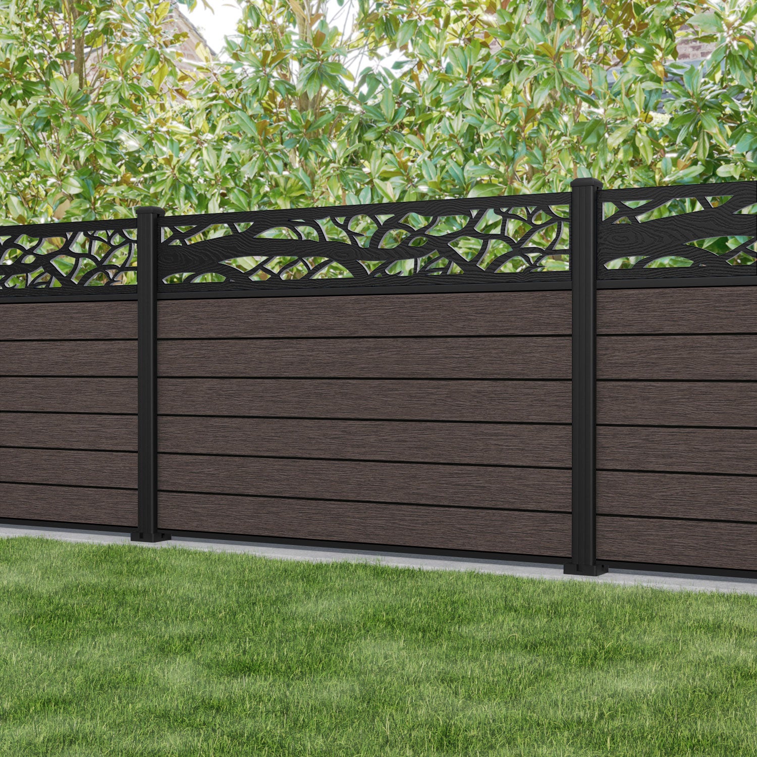 Fusion Twilight Fence Panel - Mid Brown - with our aluminium posts