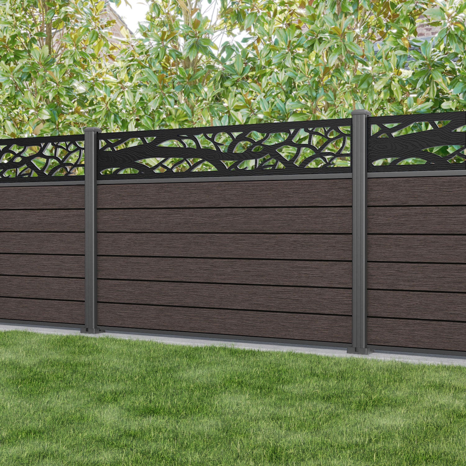 Fusion Twilight Fence Panel - Mid Brown - with our aluminium posts