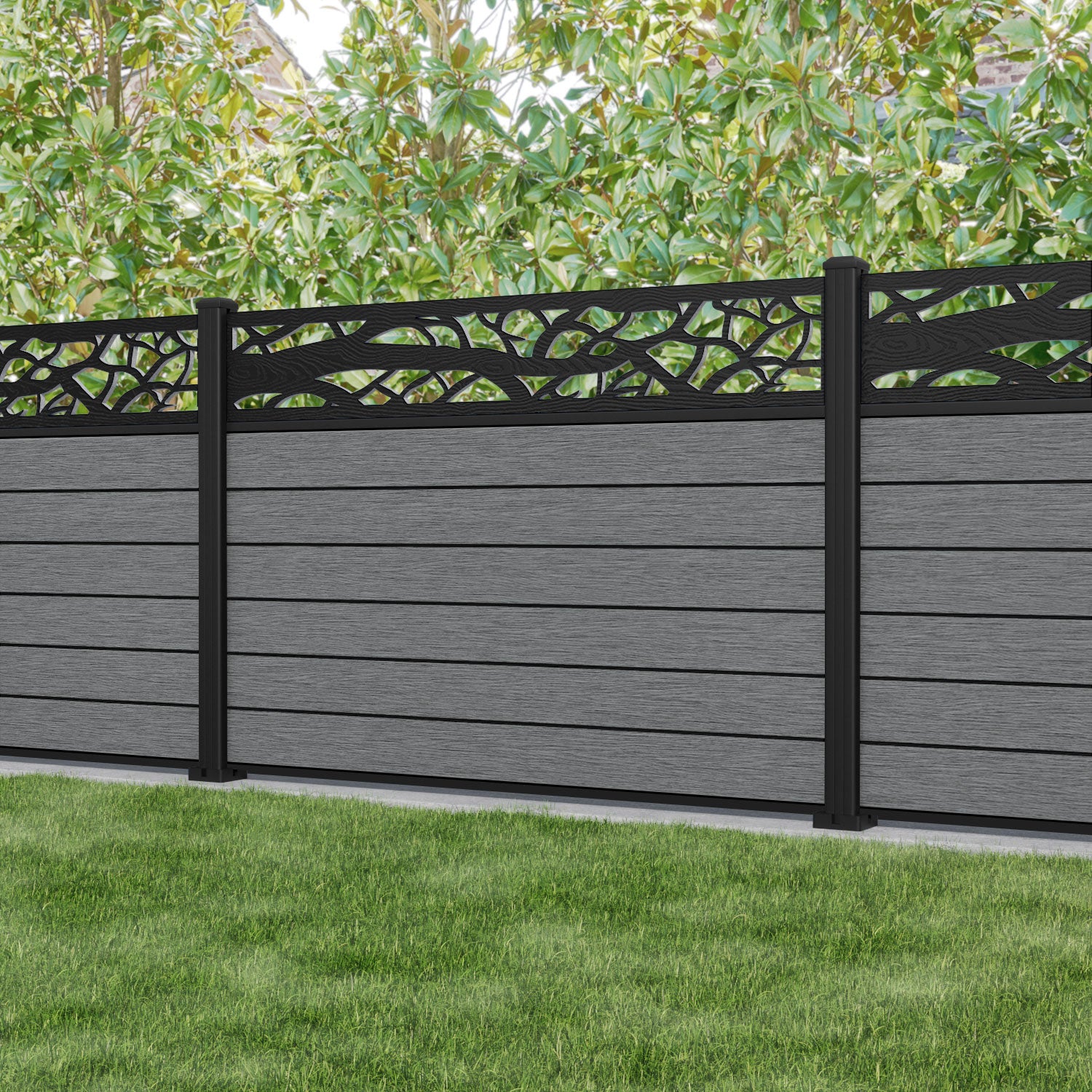 Fusion Twilight Fence Panel - Mid Grey - with our aluminium posts
