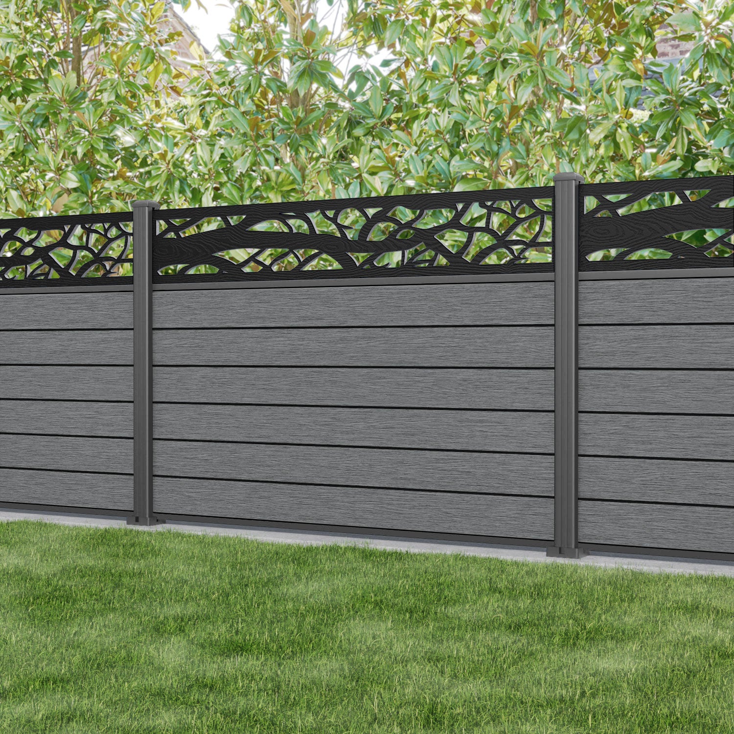 Fusion Twilight Fence Panel - Mid Grey - with our aluminium posts