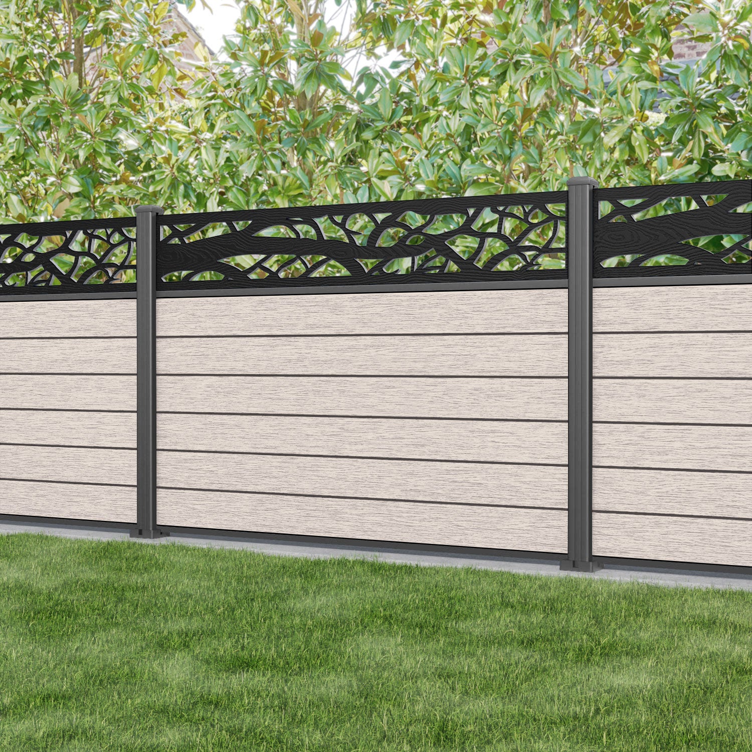 Fusion Twilight Fence Panel - Mid Stone - with our aluminium posts