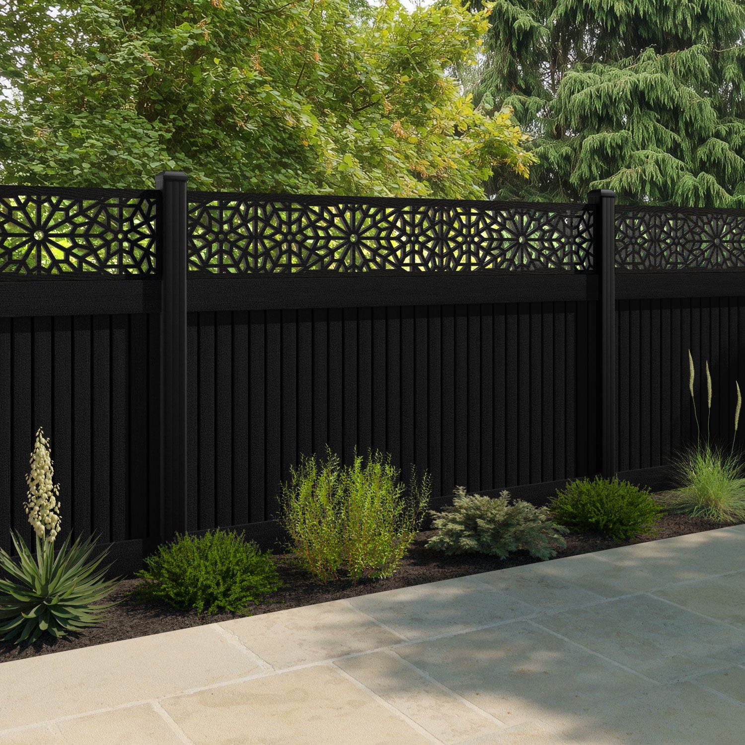 Virtis Alnara Fence Panel - Black - with our aluminium posts
