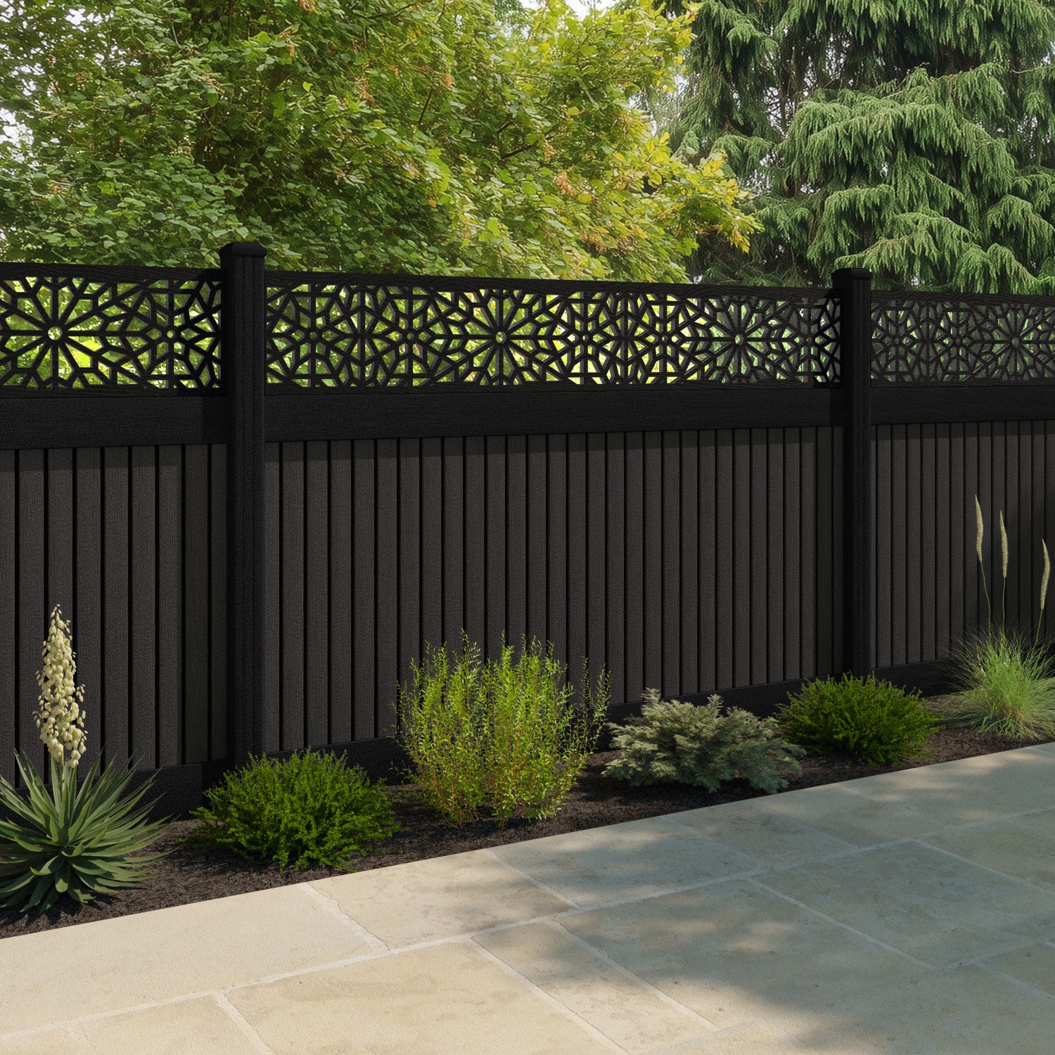 Virtis Alnara Fence Panel - Dark Oak - with our aluminium posts