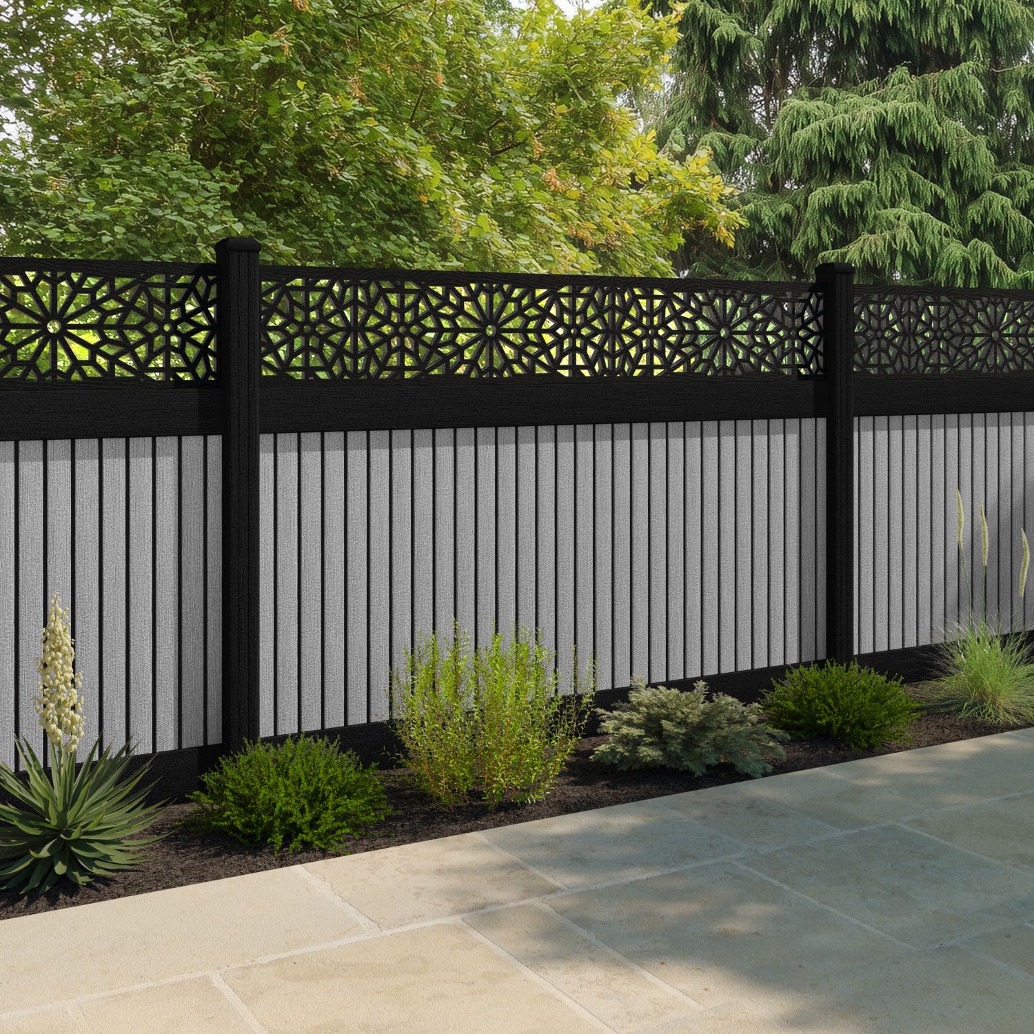 Virtis Alnara Fence Panel - Light Grey - with our aluminium posts
