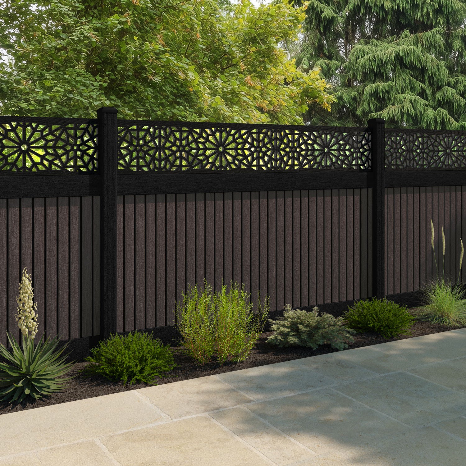 Virtis Alnara Fence Panel - Mid Brown - with our aluminium posts