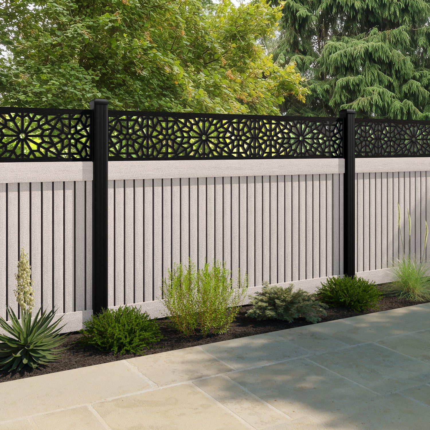Virtis Alnara Fence Panel - Mid Stone - with our composite posts