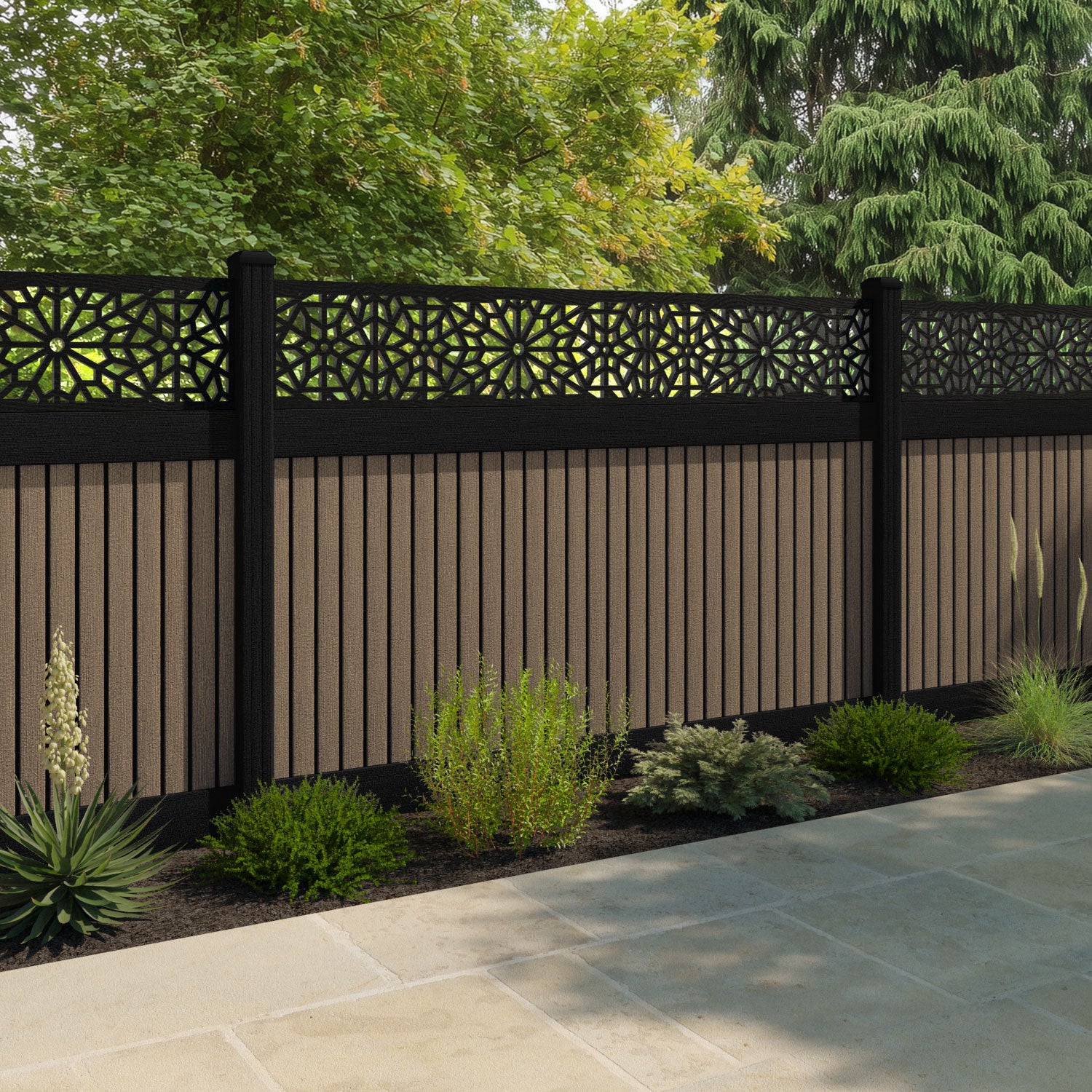 Virtis Alnara Fence Panel - Teak - with our aluminium posts