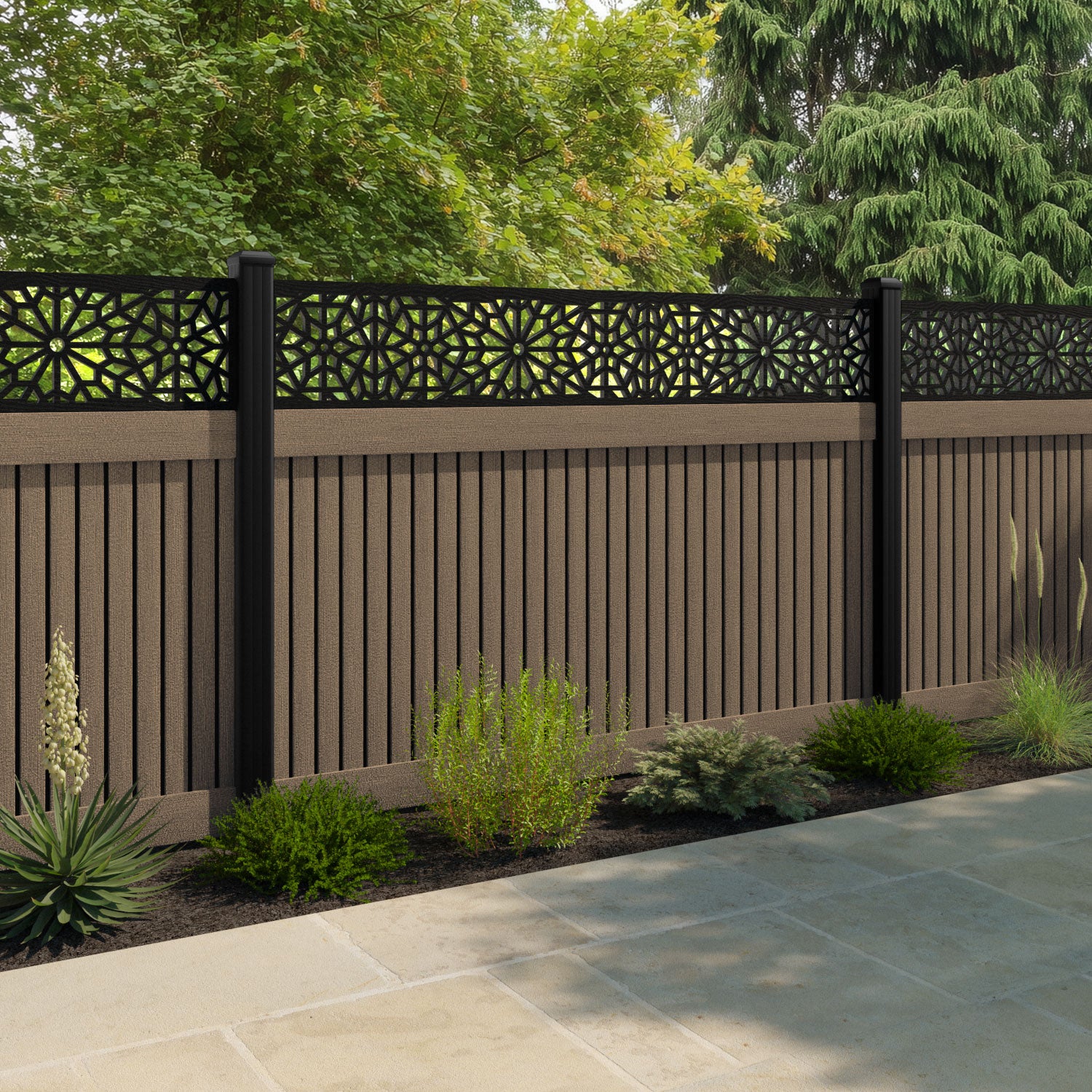 Virtis Alnara Fence Panel - Teak - with our aluminium posts
