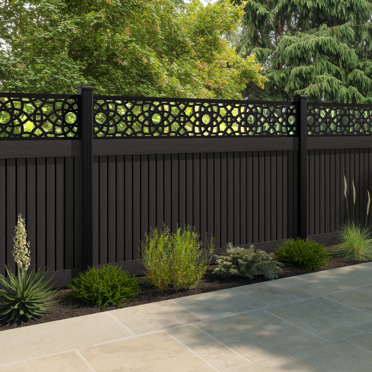 Virtis Ambar Fence Panel - Dark Oak - with our aluminium posts