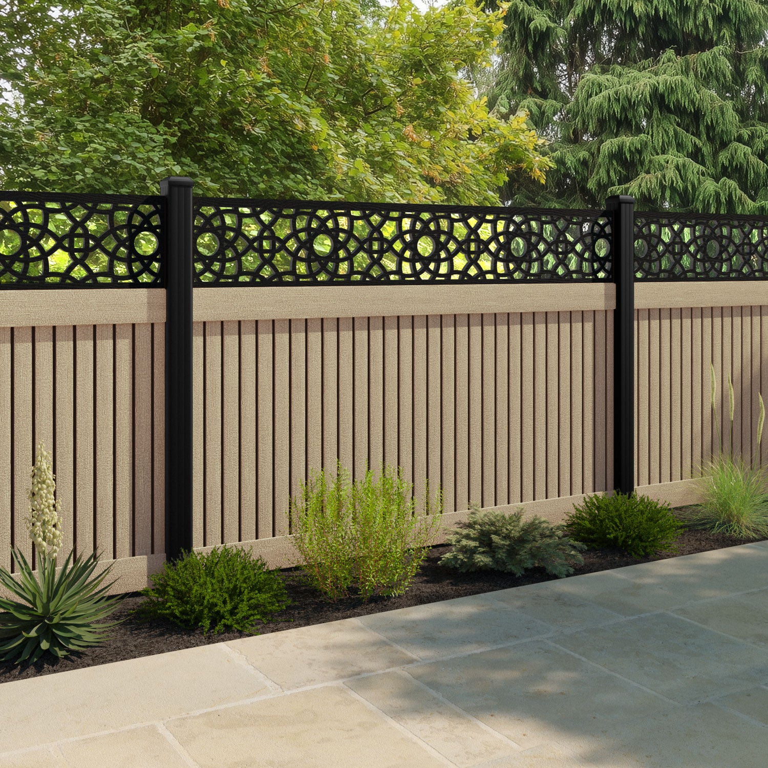 Virtis Ambar Fence Panel - Light Oak - with our aluminium posts