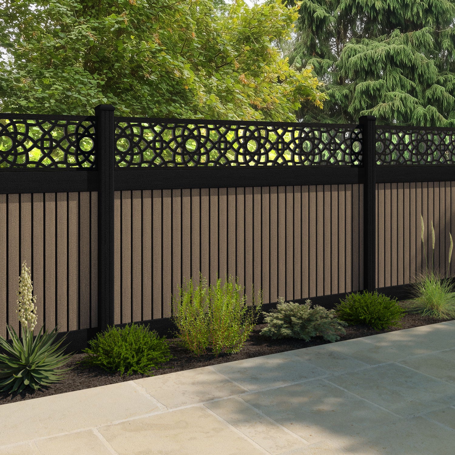 Virtis Ambar Fence Panel - Teak - with our composite posts