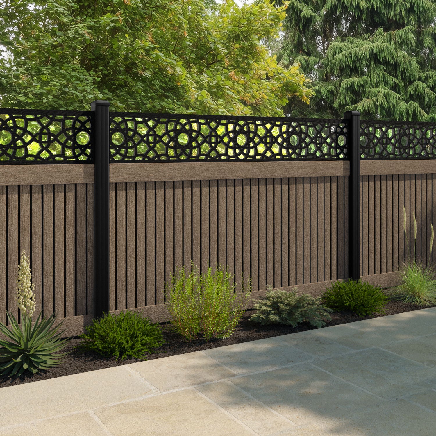 Virtis Ambar Fence Panel - Teak - with our aluminium posts