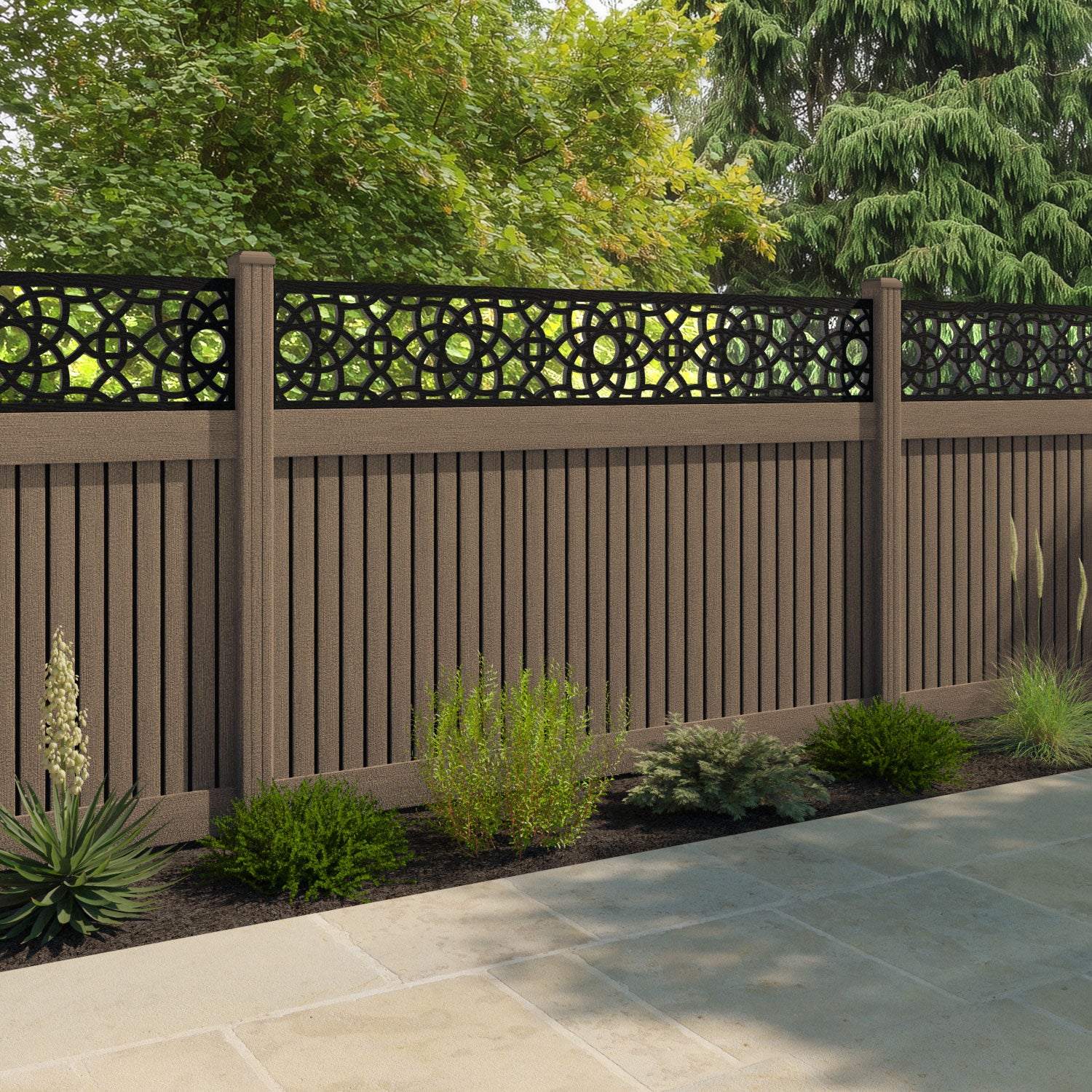 Virtis Ambar Fence Panel - Teak - with our composite posts