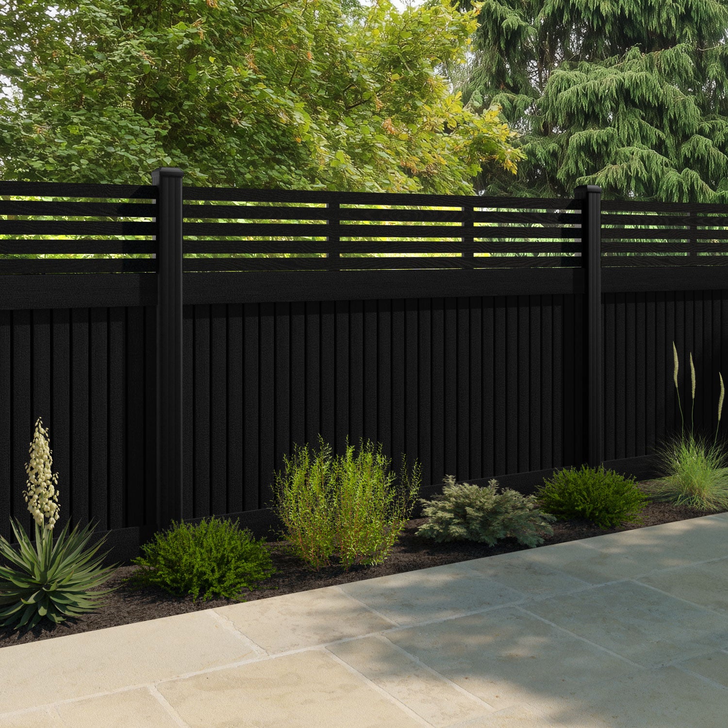 Virtis Aspen Fence Panel - Black - with our aluminium posts