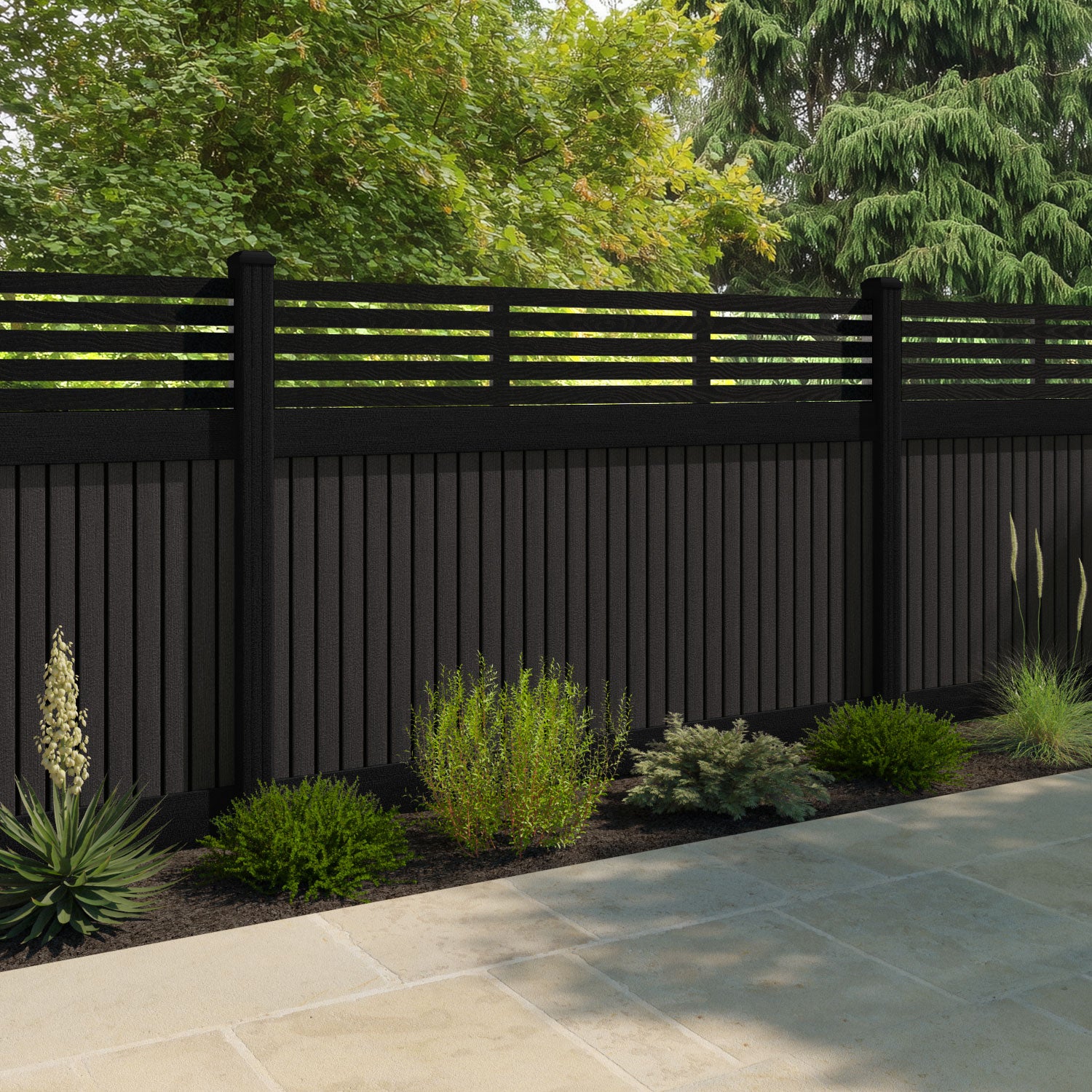 Virtis Aspen Fence Panel - Dark Oak - with our aluminium posts