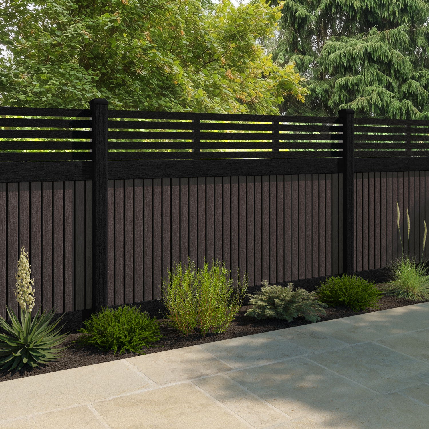 Virtis Aspen Fence Panel - Mid Brown - with our aluminium posts