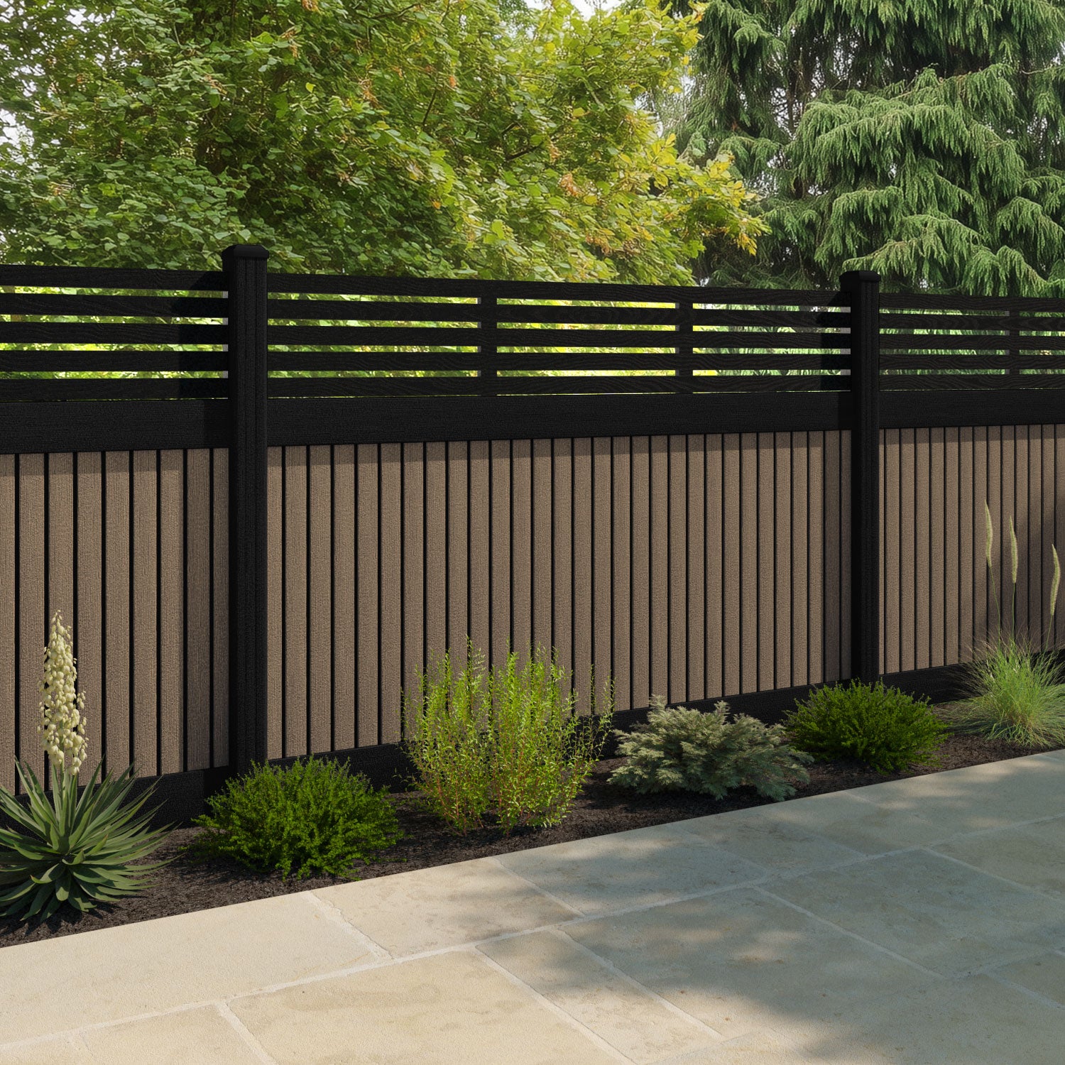 Virtis Aspen Fence Panel - Teak - with our aluminium posts