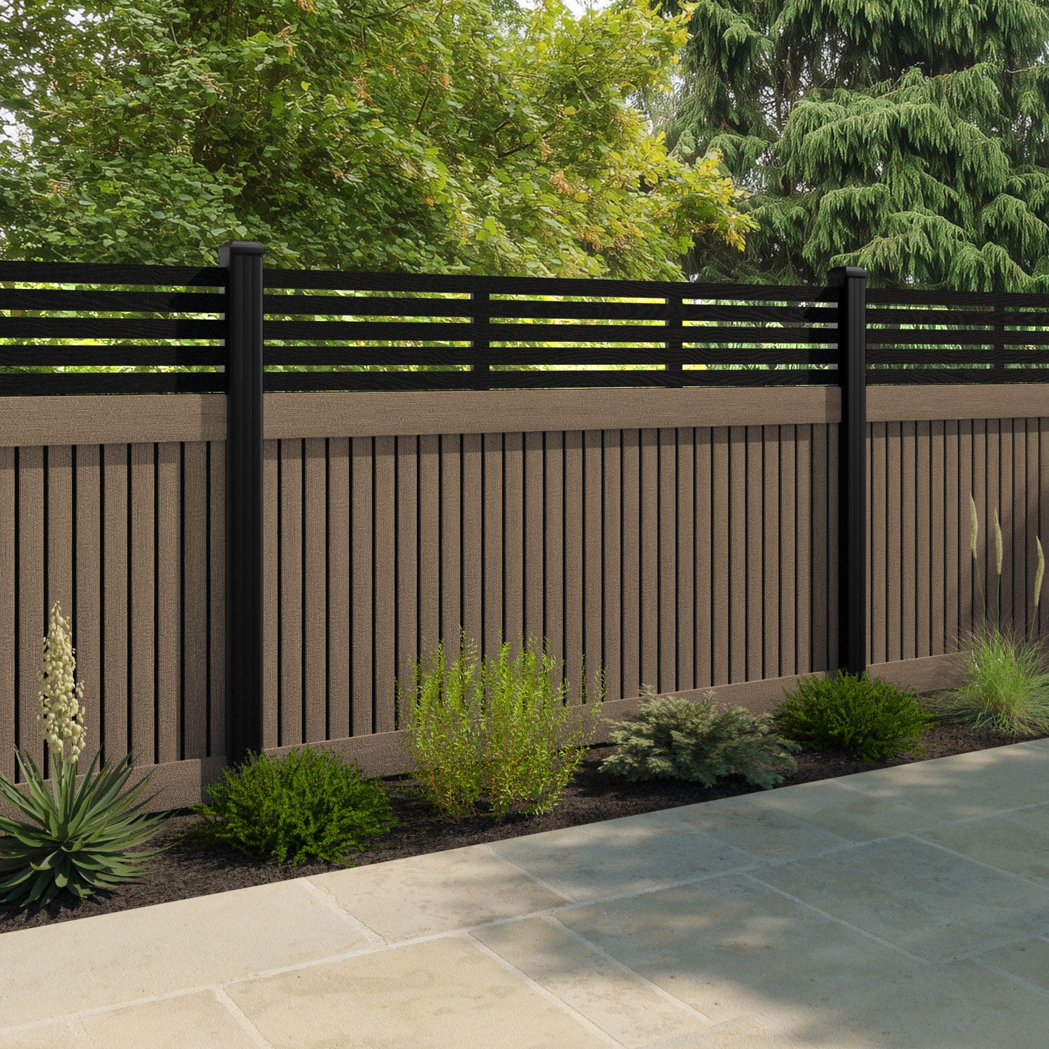 Virtis Aspen Fence Panel - Teak - with our aluminium posts