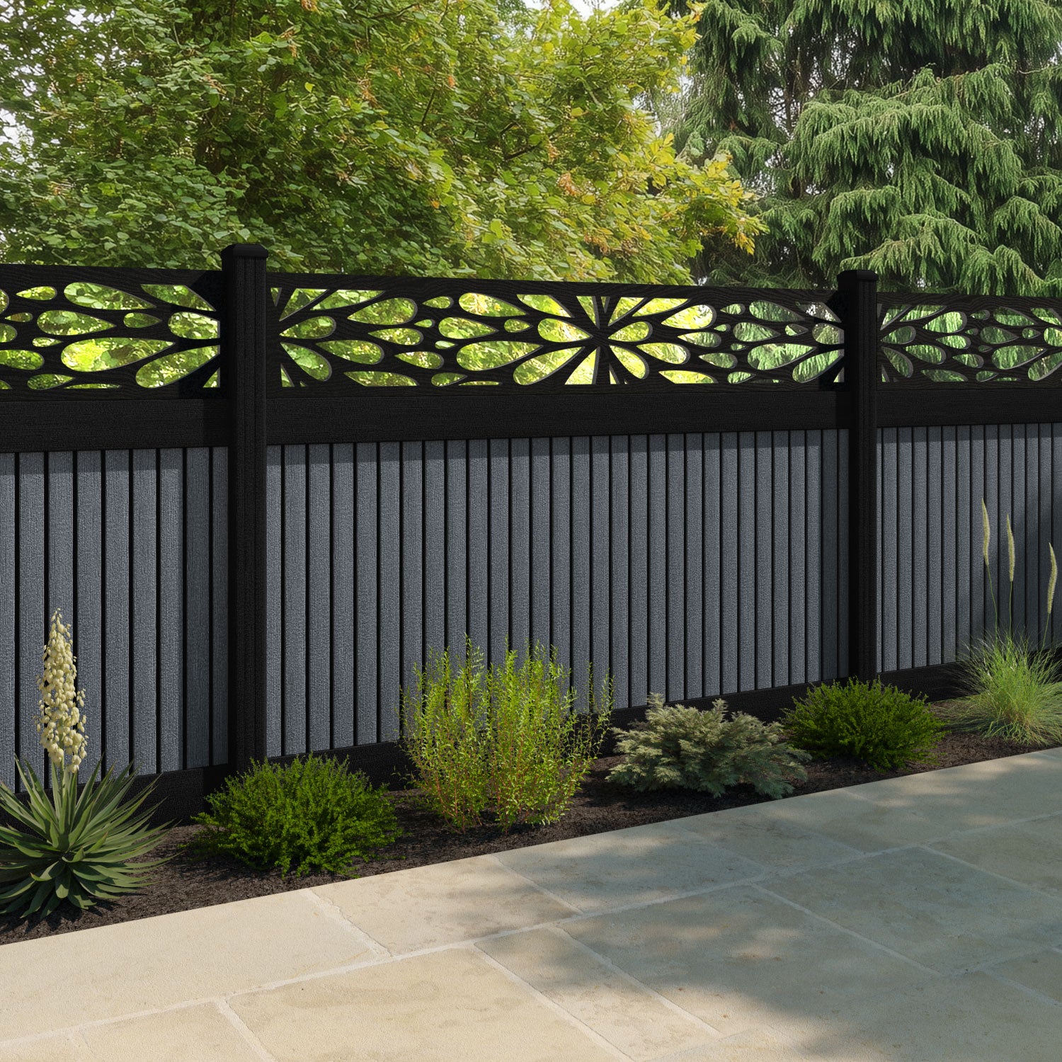 Virtis Blossom Fence Panel - Anthracite - with our aluminium posts
