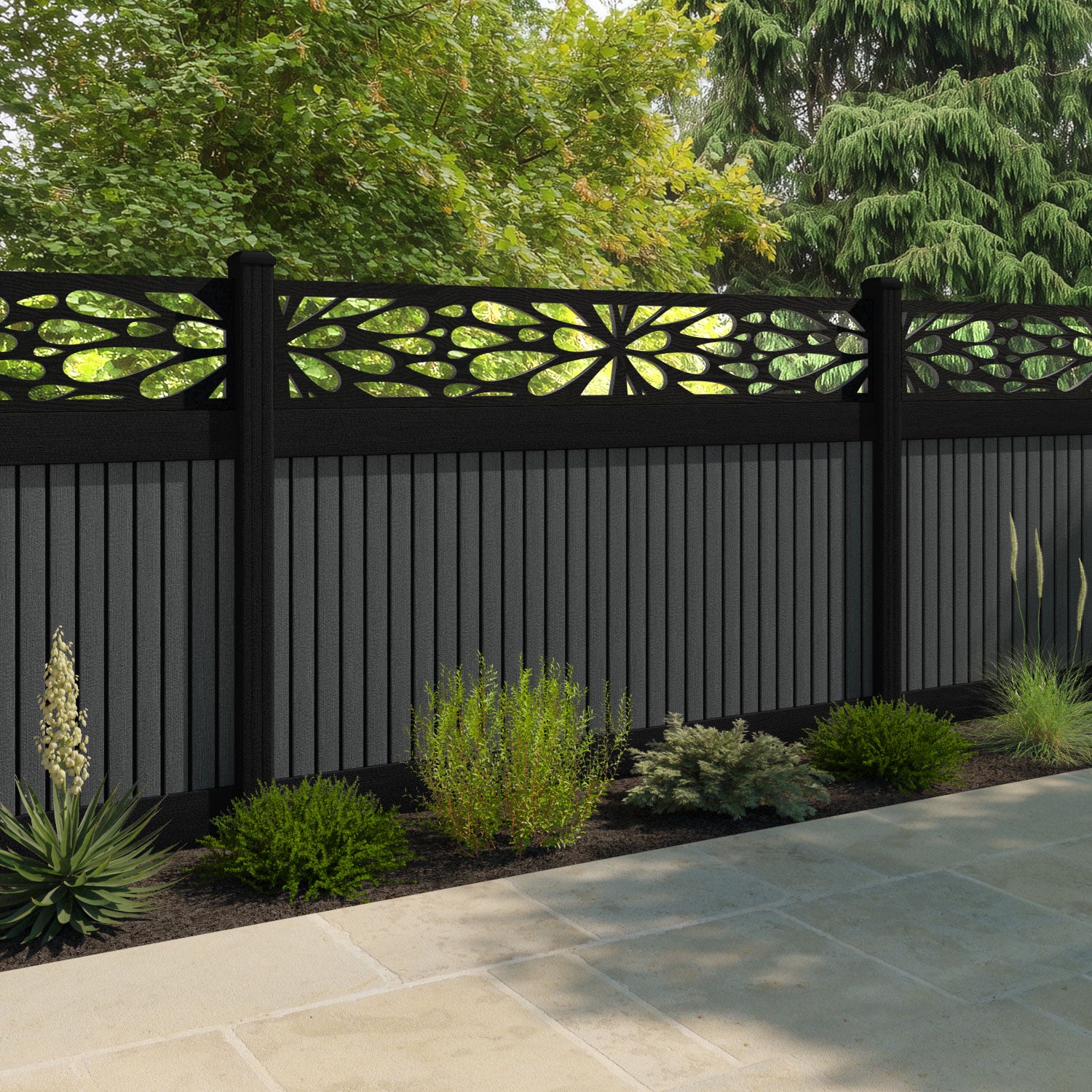 Virtis Blossom Fence Panel - Dark Grey - with our aluminium posts