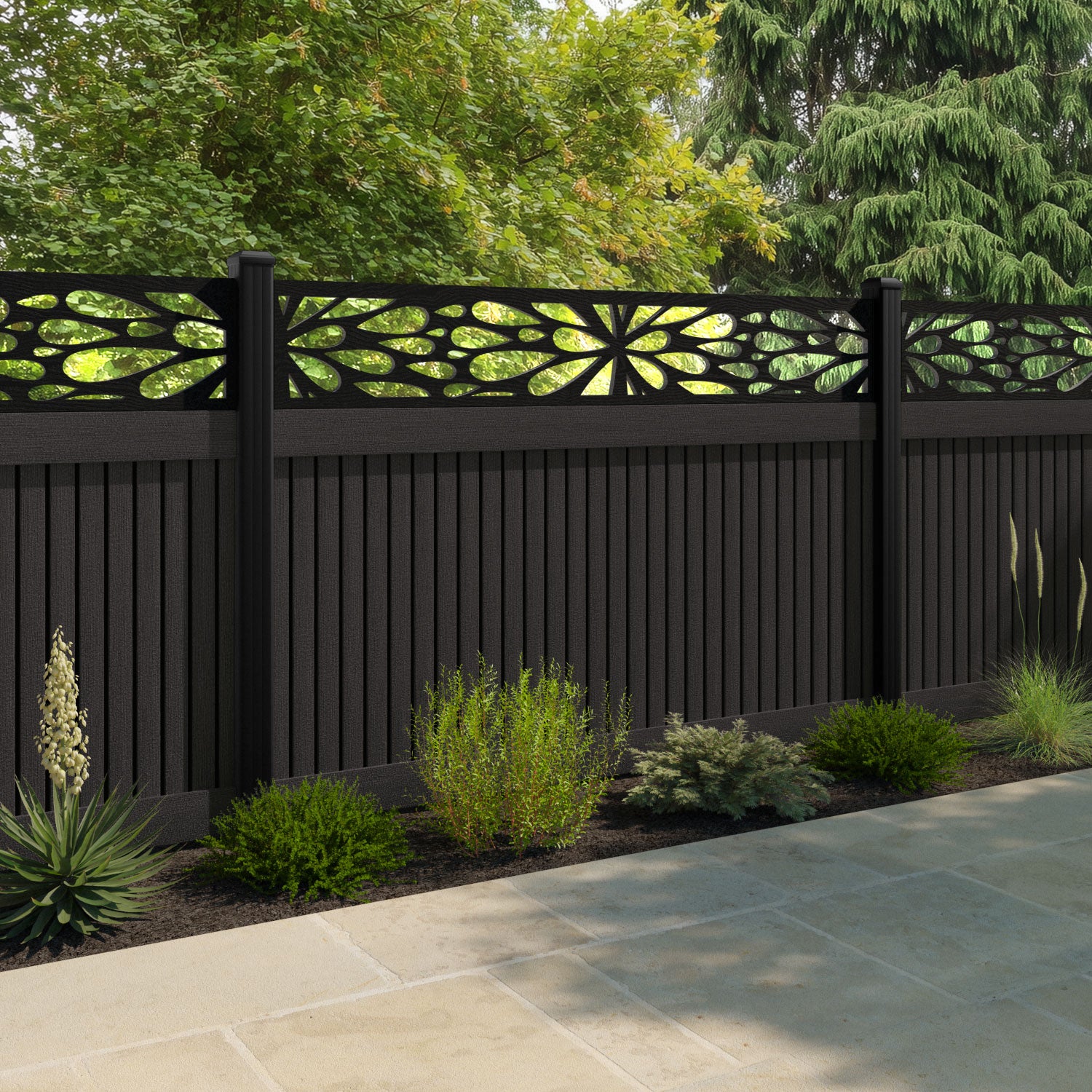 Virtis Blossom Fence Panel - Dark Oak - with our aluminium posts