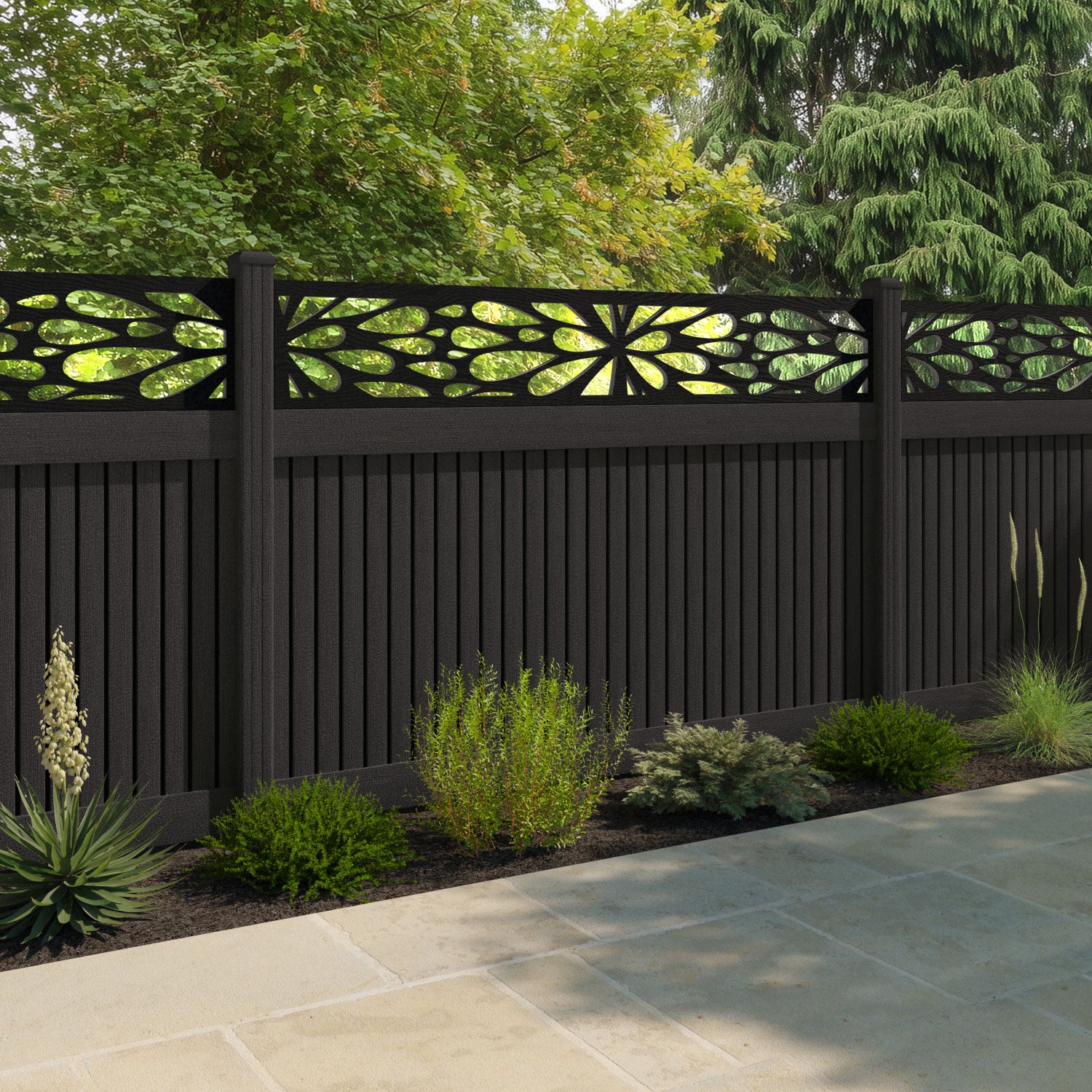 Virtis Blossom Fence Panel - Dark Oak - with our composite posts