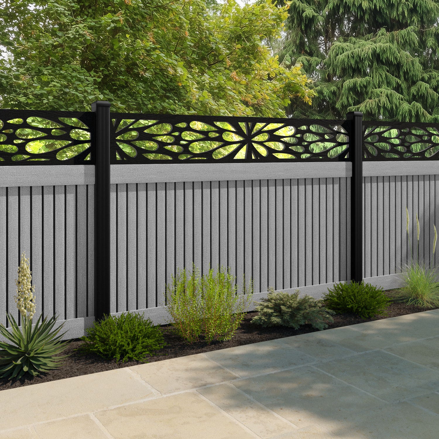Virtis Blossom Fence Panel - Light Grey - with our composite posts