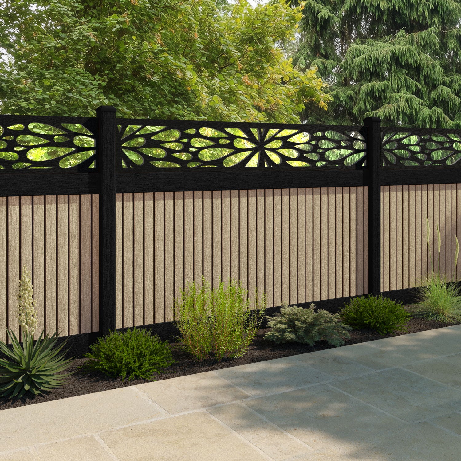 Virtis Blossom Fence Panel - Light Oak - with our aluminium posts