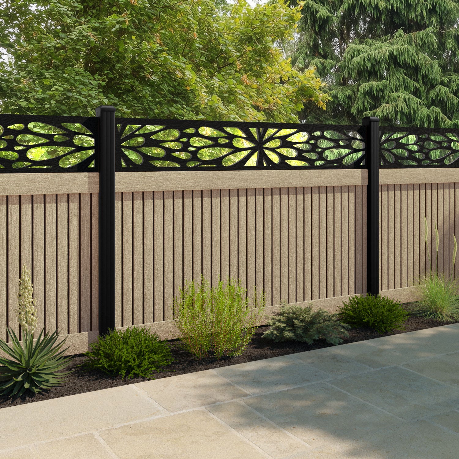 Virtis Blossom Fence Panel - Light Oak - with our aluminium posts