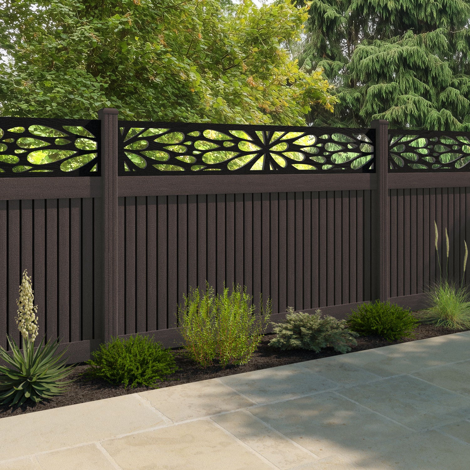 Virtis Blossom Fence Panel - Mid Brown - with our composite posts