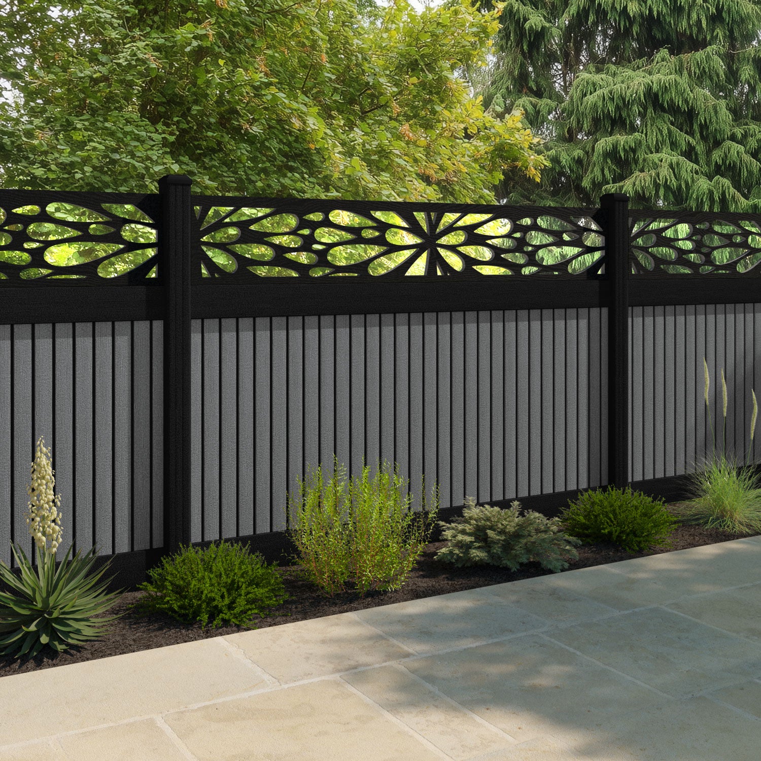 Virtis Blossom Fence Panel - Mid Grey - with our aluminium posts