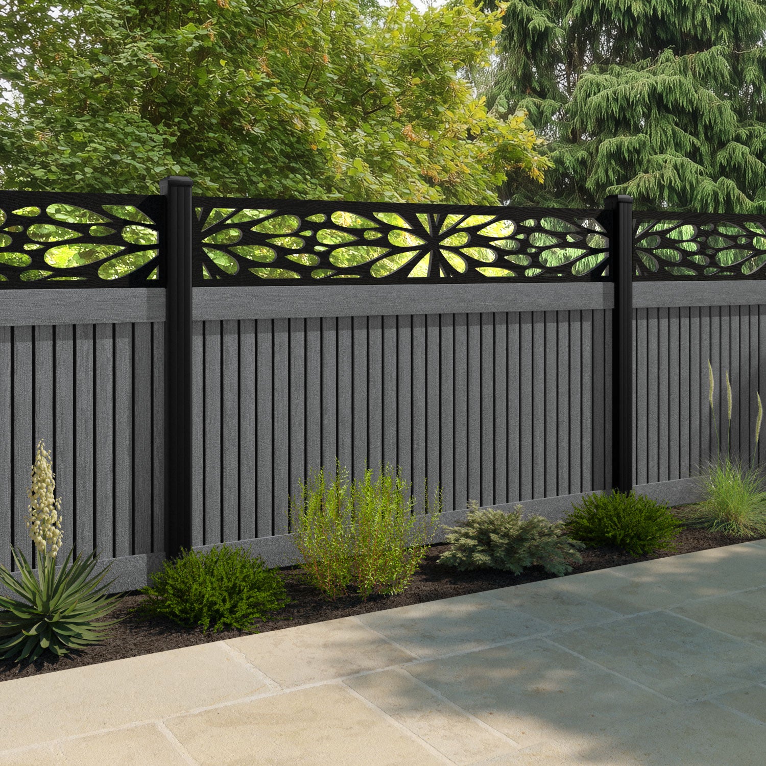 Virtis Blossom Fence Panel - Mid Grey - with our aluminium posts