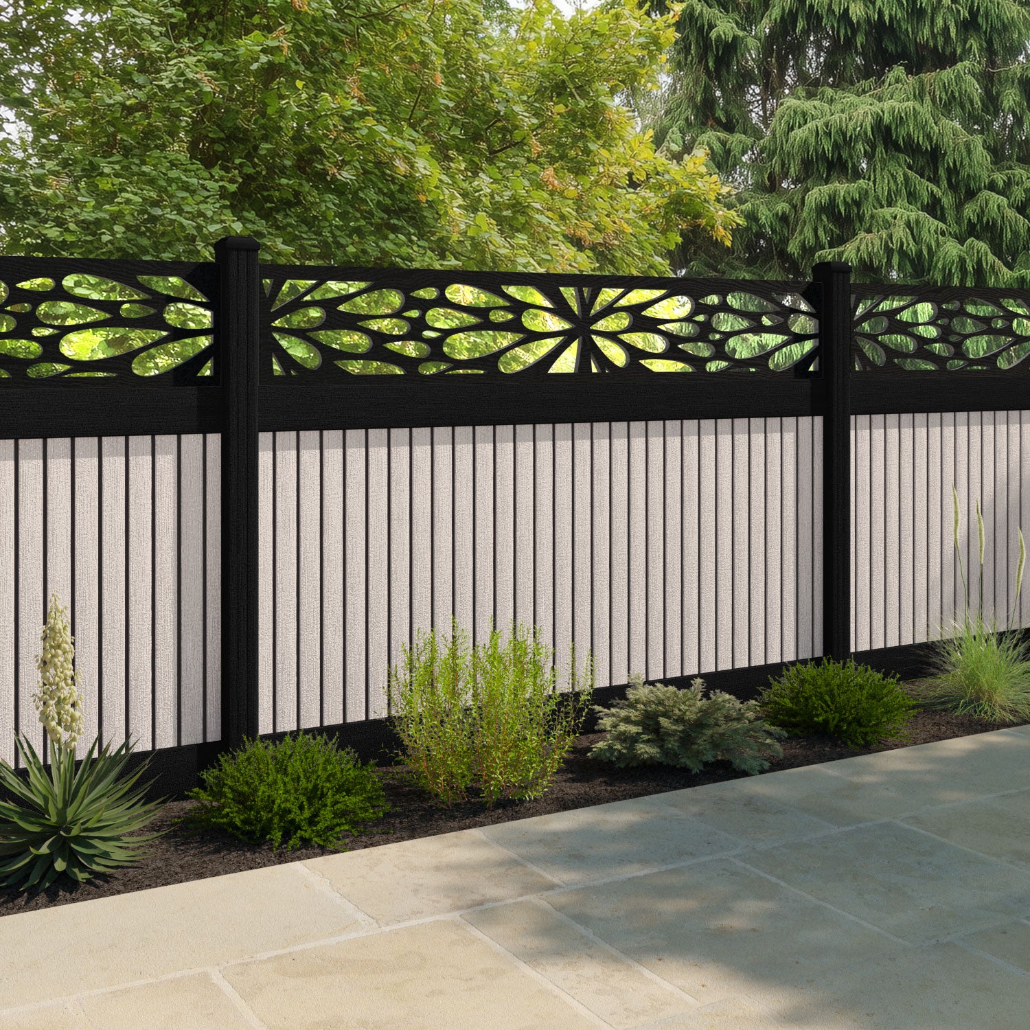 Virtis Blossom Fence Panel - Mid Stone - with our composite posts