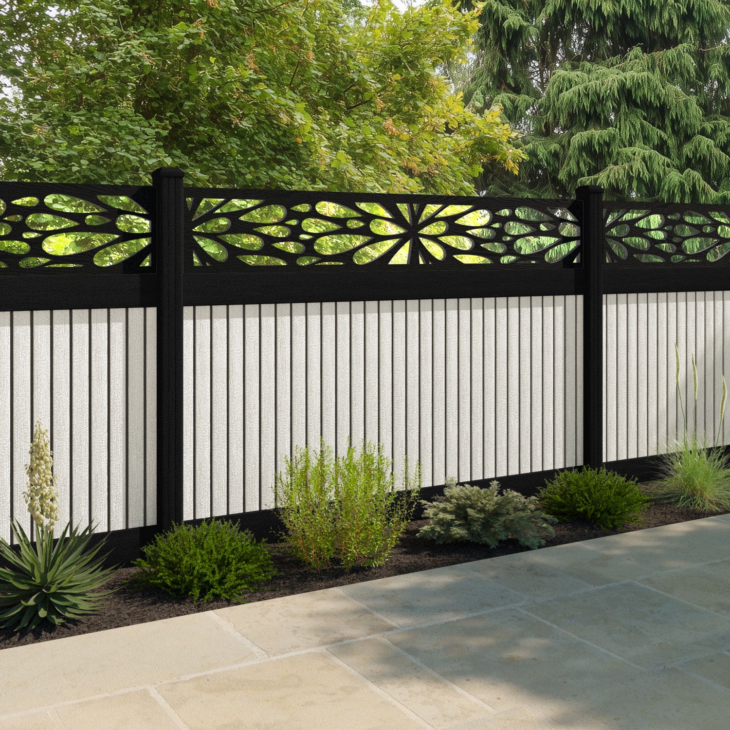 Virtis Blossom Fence Panel - Light Stone - with our aluminium posts